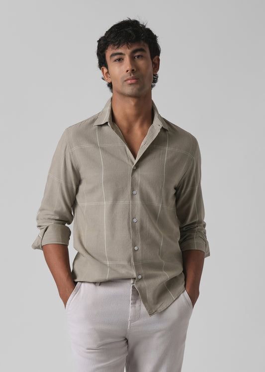 Tan Blended Linen Check Shirt