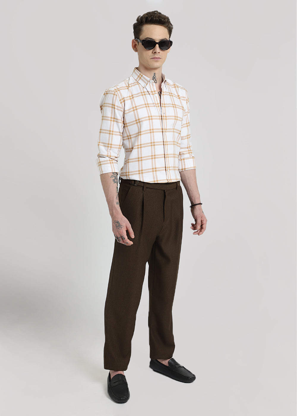 Tan Brown Oxford Cotton Check Shirt
