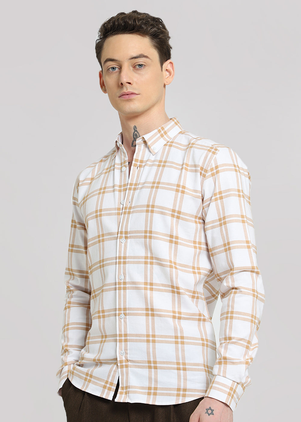 Tan Brown Oxford Cotton Check Shirt