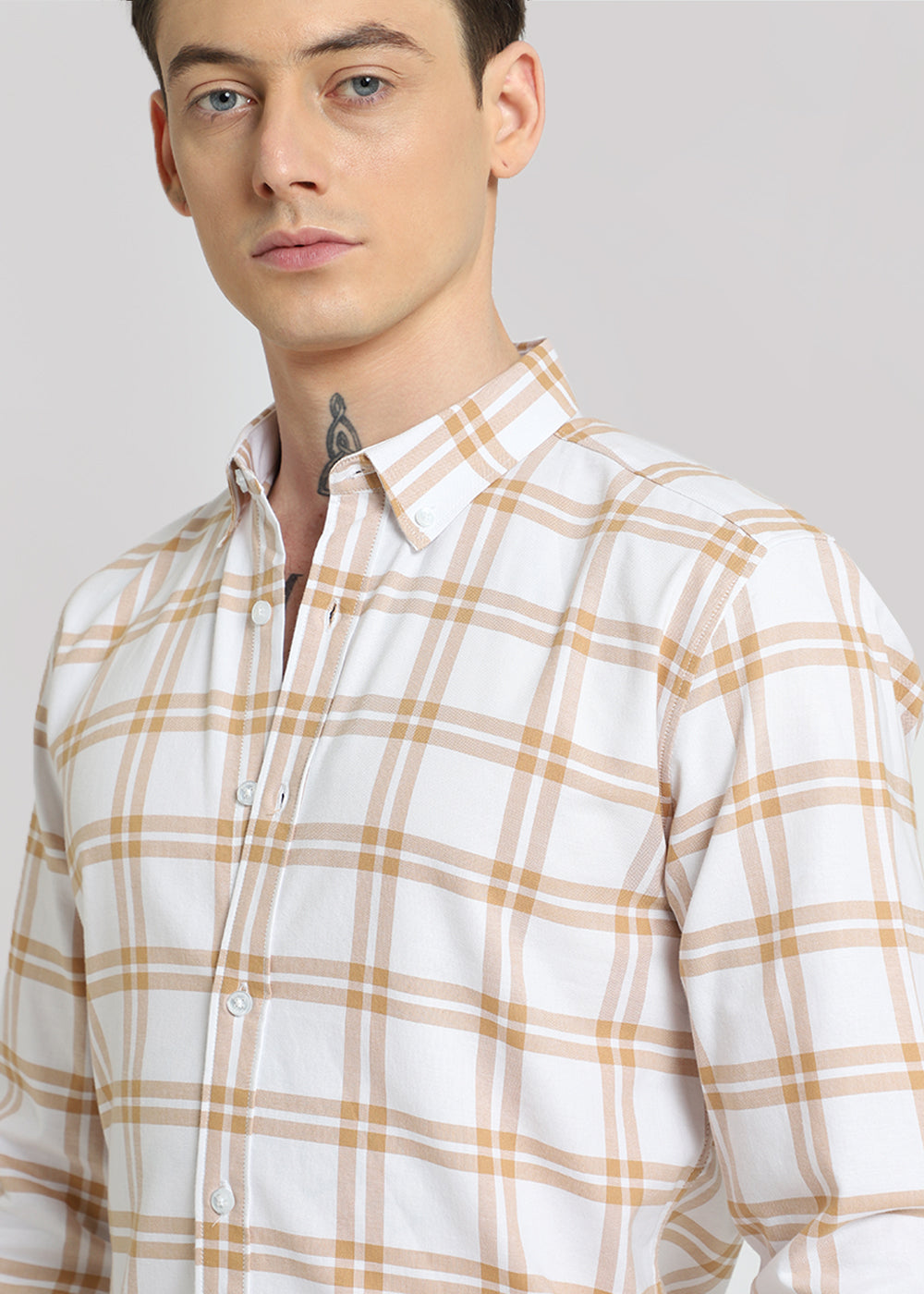 Tan Brown Oxford Cotton Check Shirt