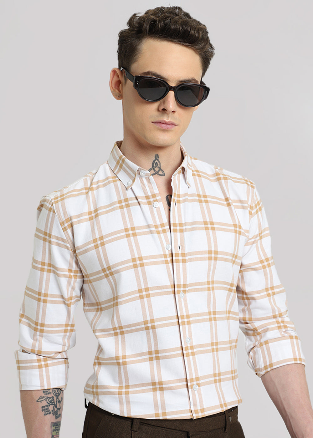 Tan Brown Oxford Cotton Check Shirt
