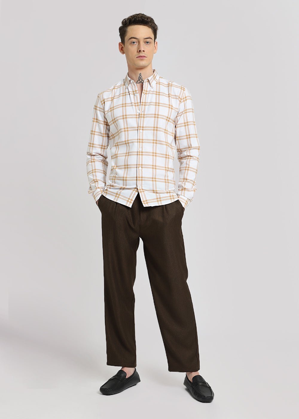 Tan Brown Oxford Cotton Check Shirt
