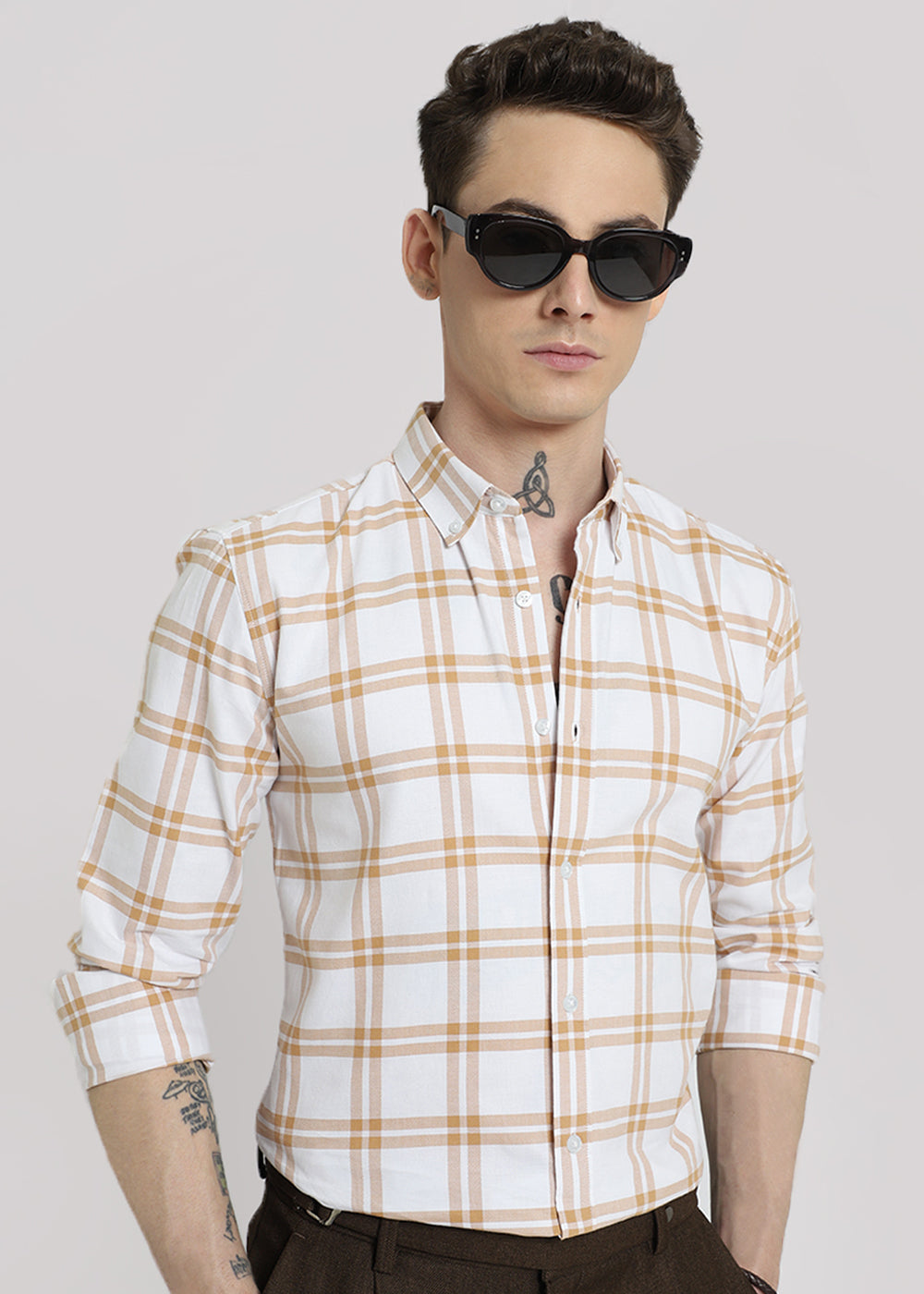 Tan Brown Oxford Cotton Check Shirt