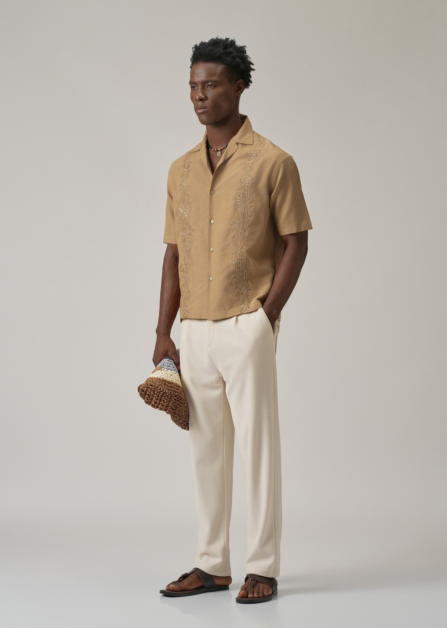 Tan Embroidery Linen Shirt