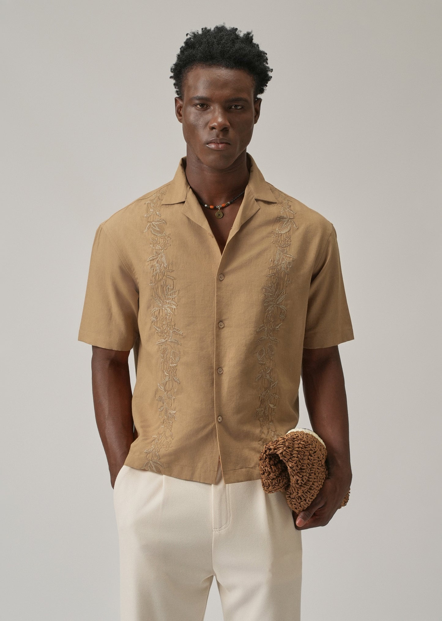 Tan Embroidery Linen Shirt