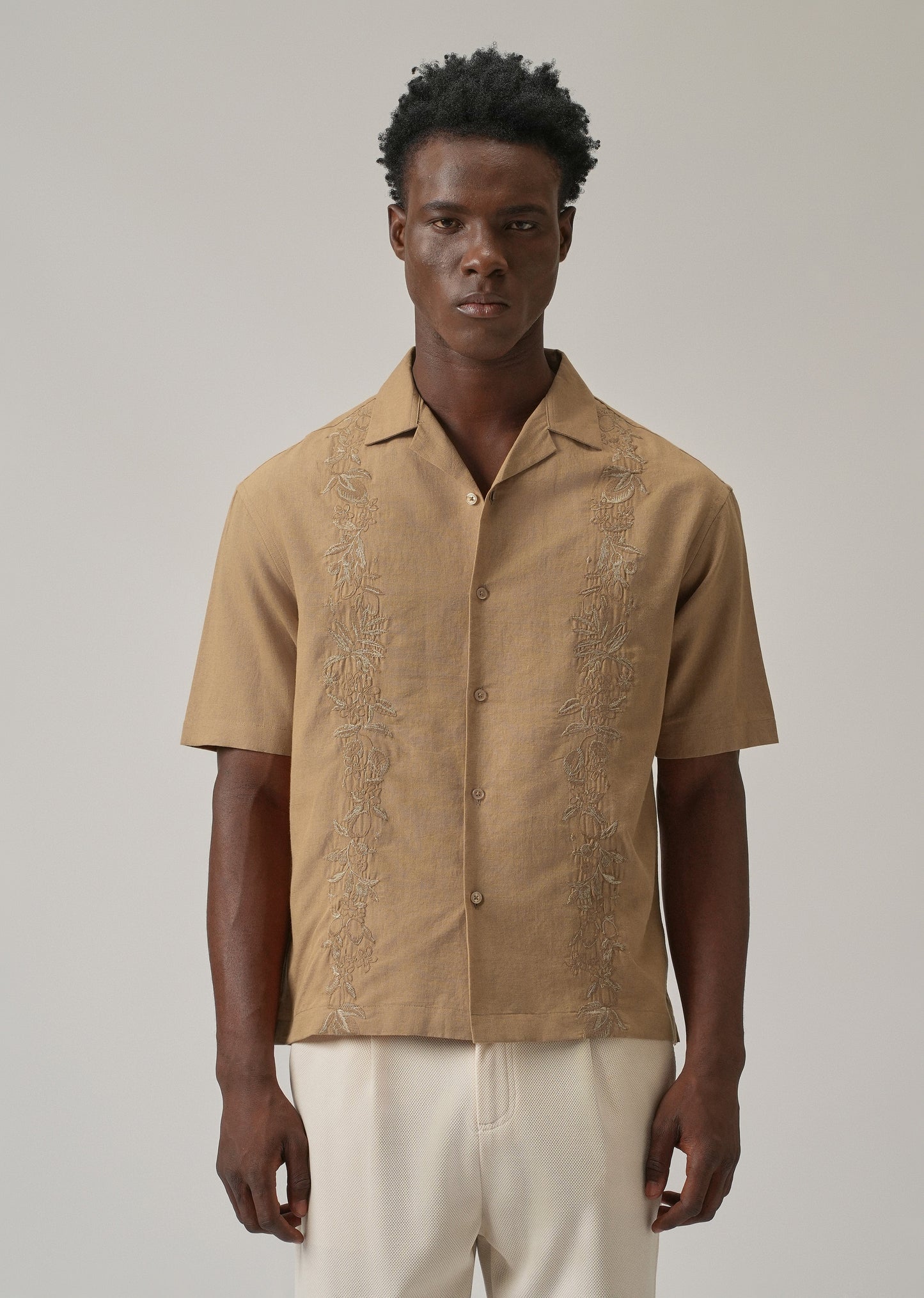 Tan Embroidery Linen Shirt