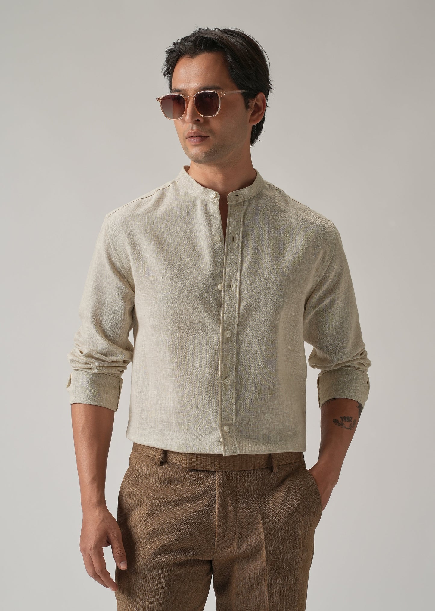 Taupe Beige Blended Linen Shirt
