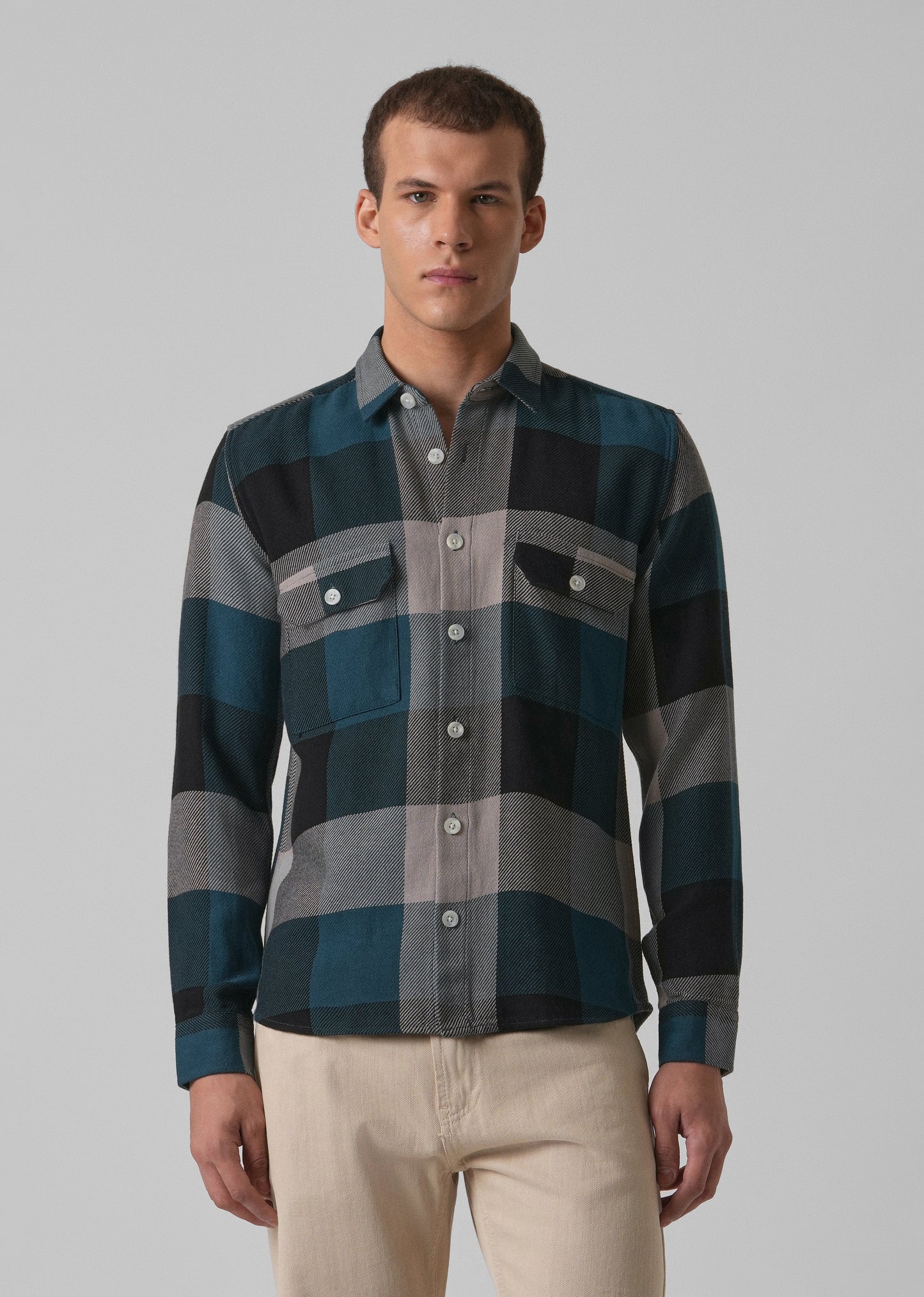 Teal Blue Brushed Cotton Check Shirt