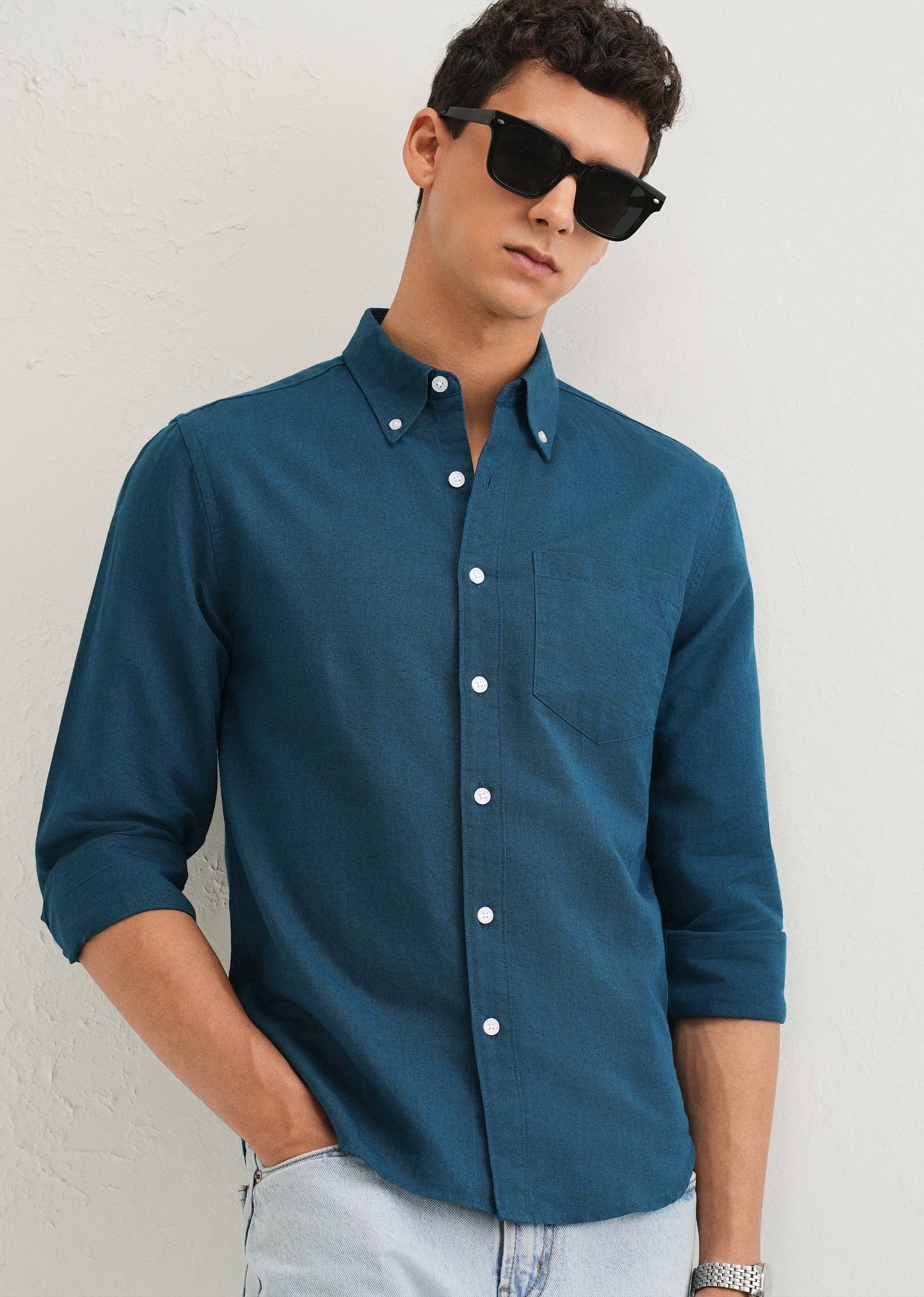 Teal Blue Cotton Linen Shirt