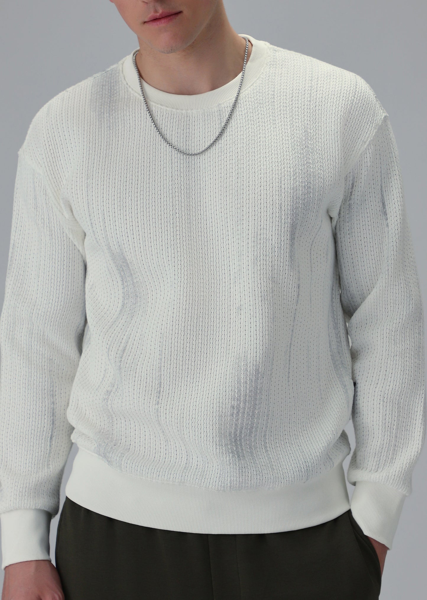 Textured Knit White Sweatshirt