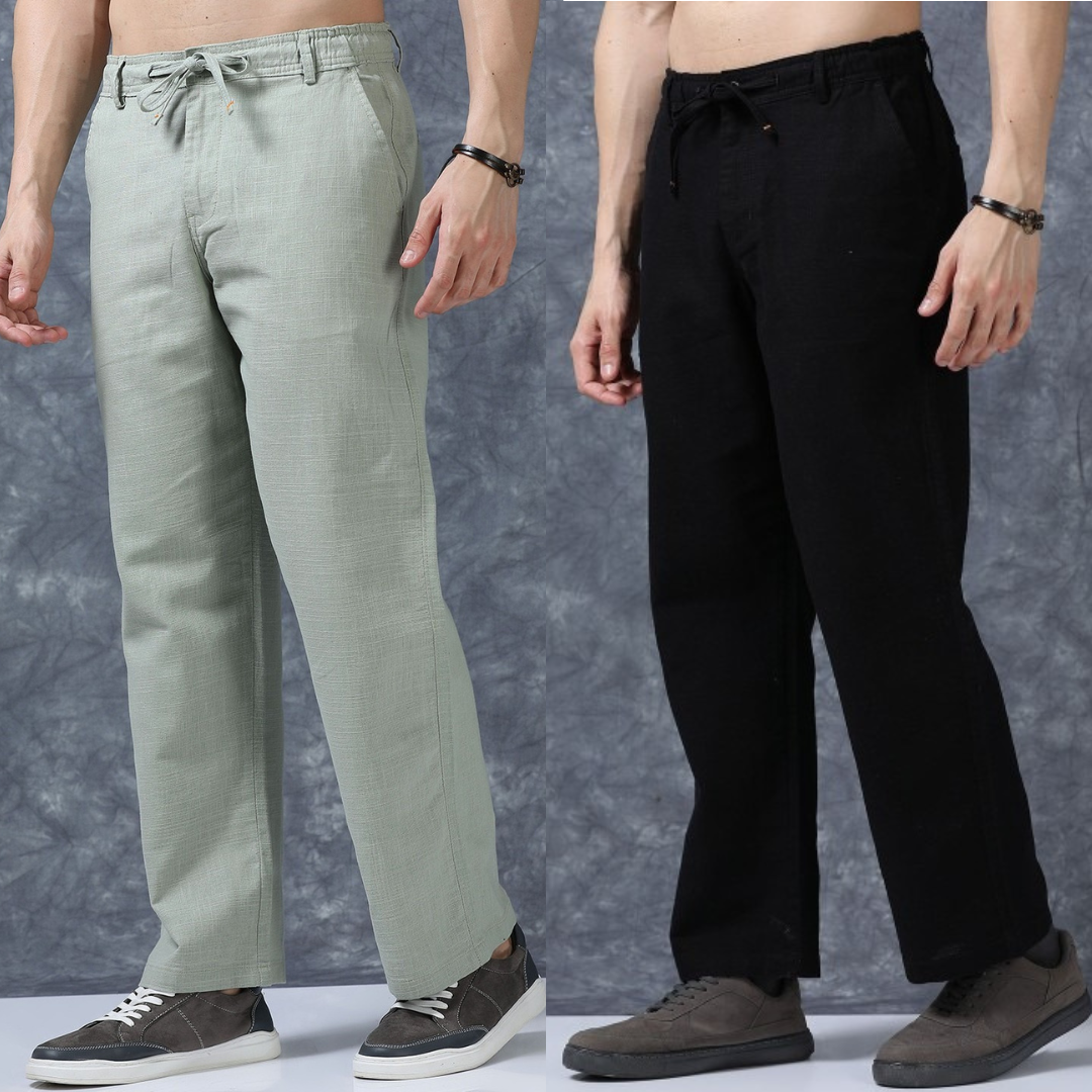 PACK OF 2 Linen Pants | Relaxed Fit & Breathable Style ( Black & Sage Green)