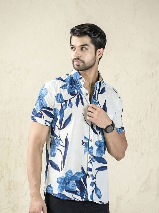 Men's Classic Spread Collar Floral Printed Cotton Casual Shirt