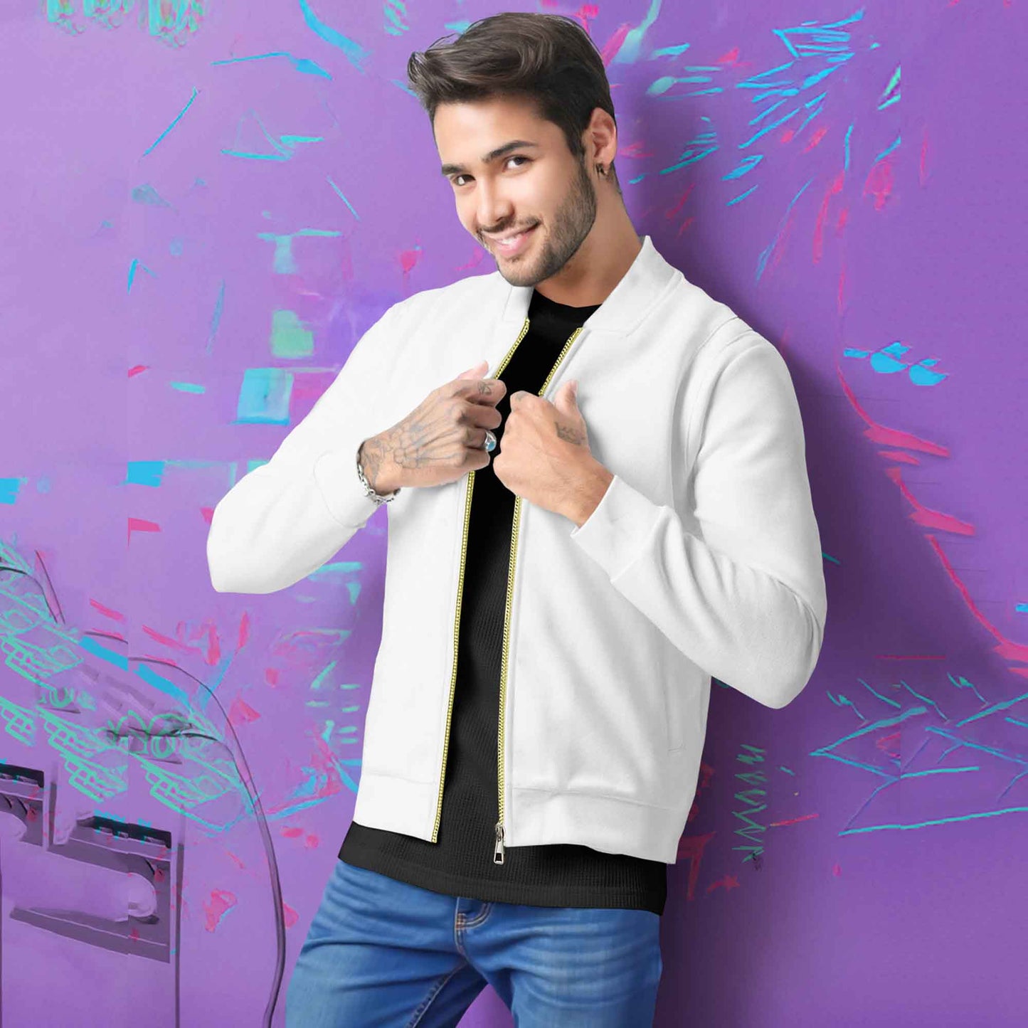 Round Neck Classic White Zipper Jacket for Men