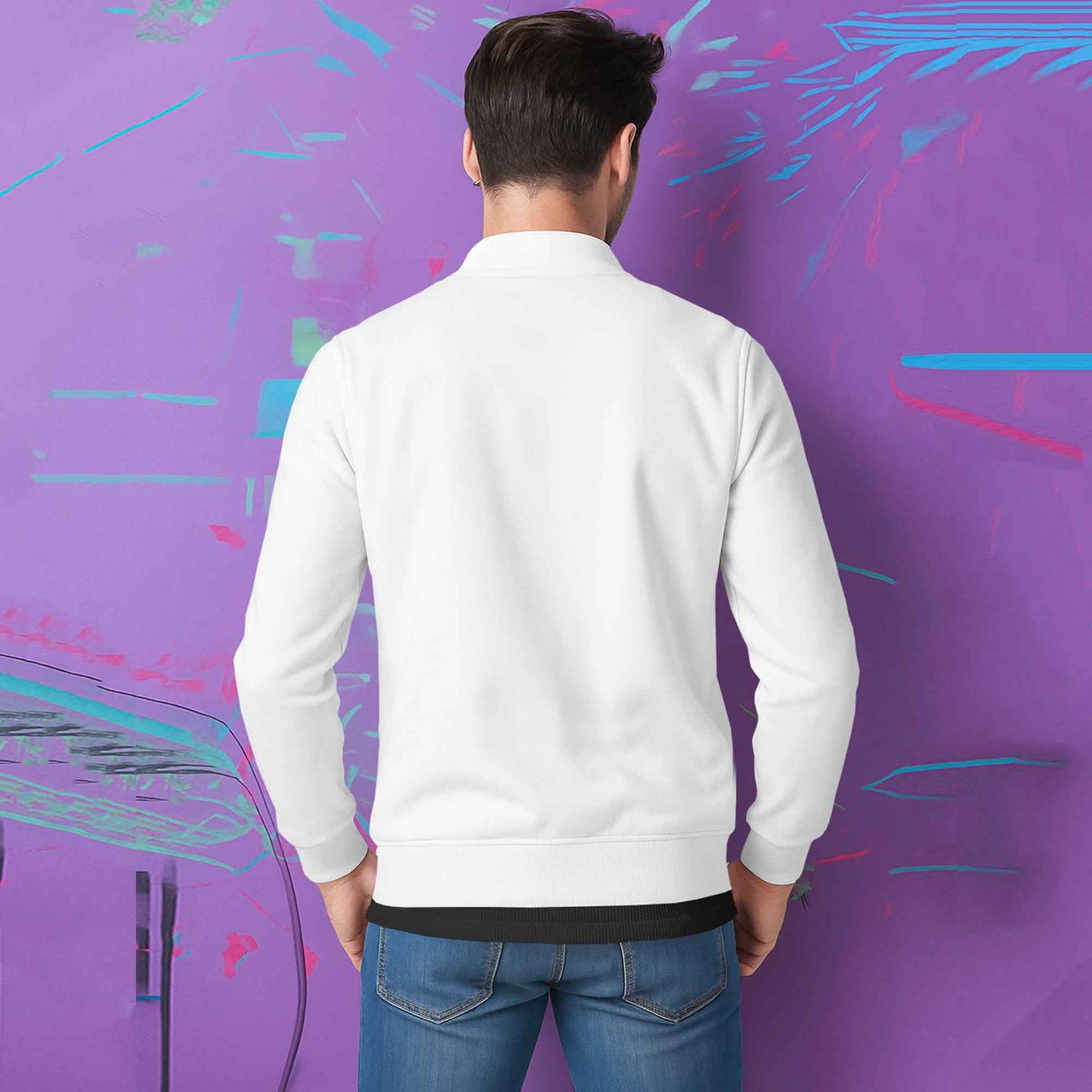 Round Neck Classic White Zipper Jacket for Men
