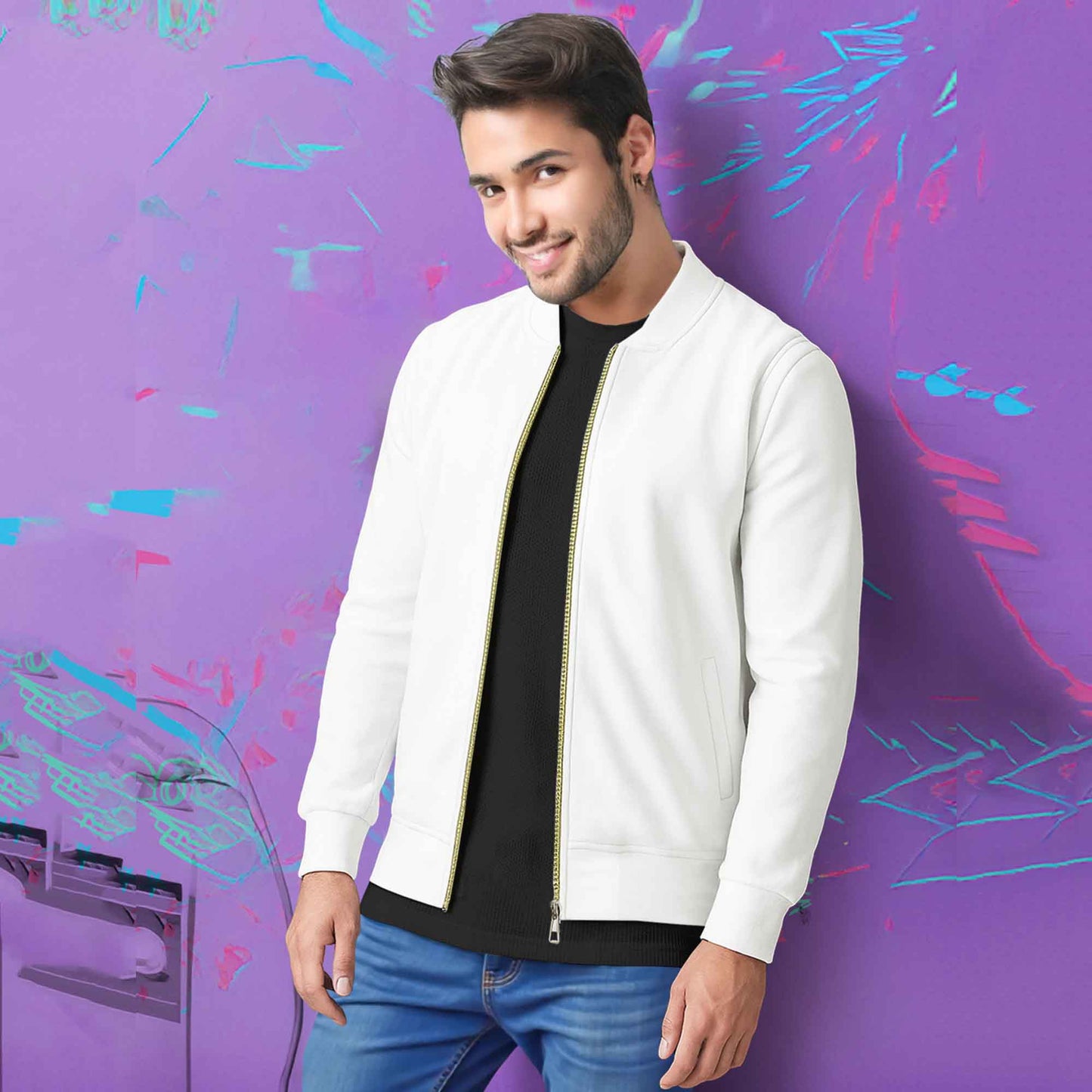 Round Neck Classic White Zipper Jacket for Men