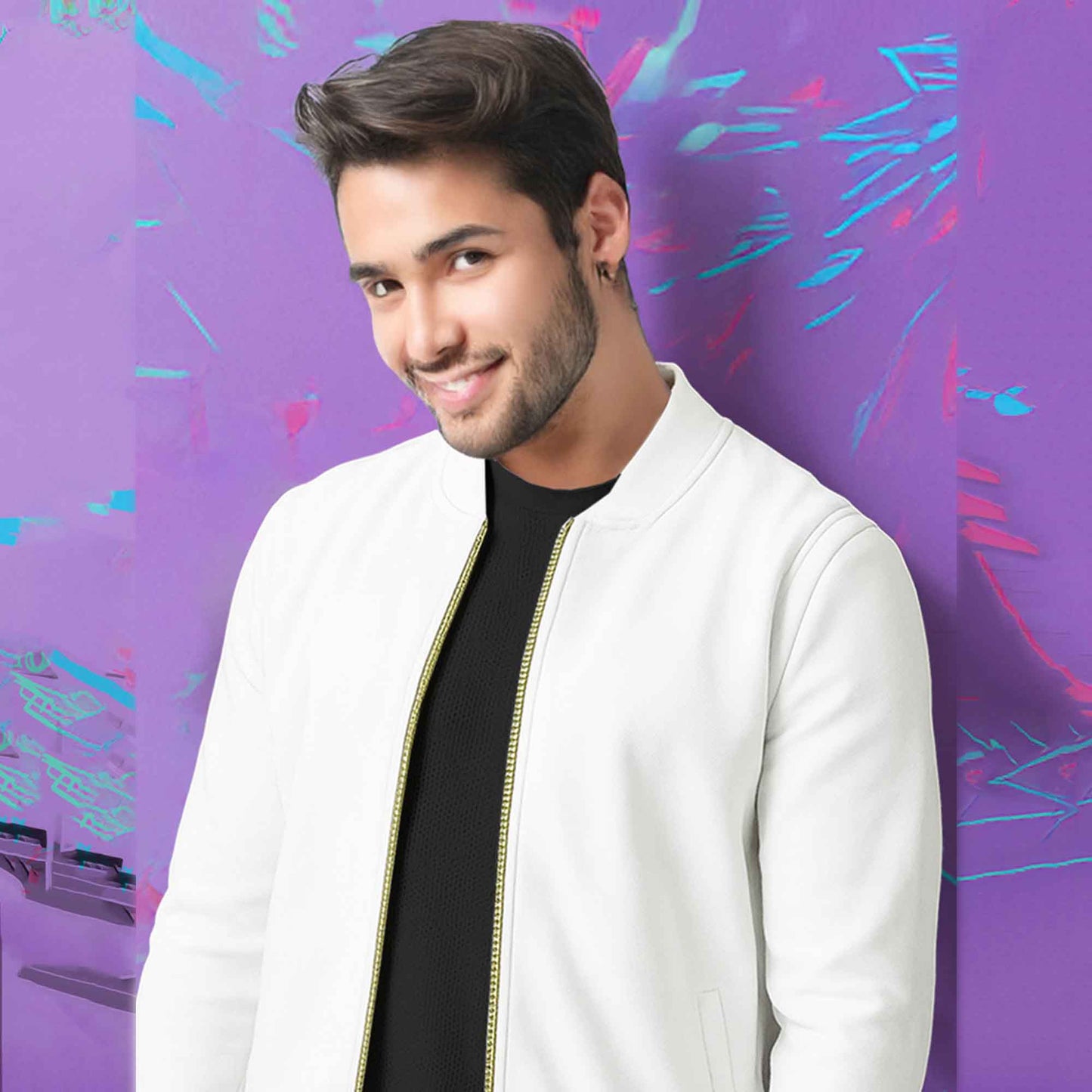 Round Neck Classic White Zipper Jacket for Men