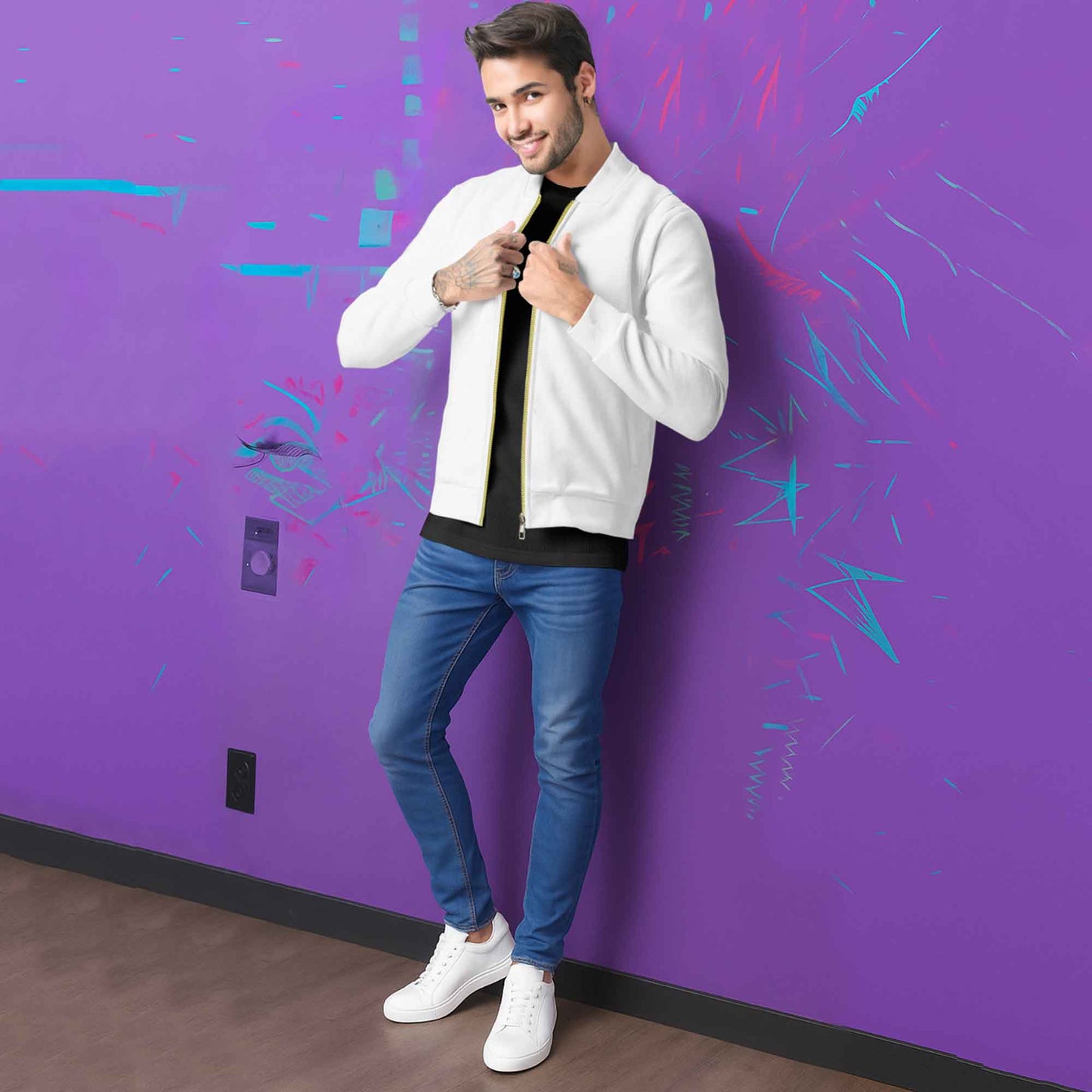 Round Neck Classic White Zipper Jacket for Men