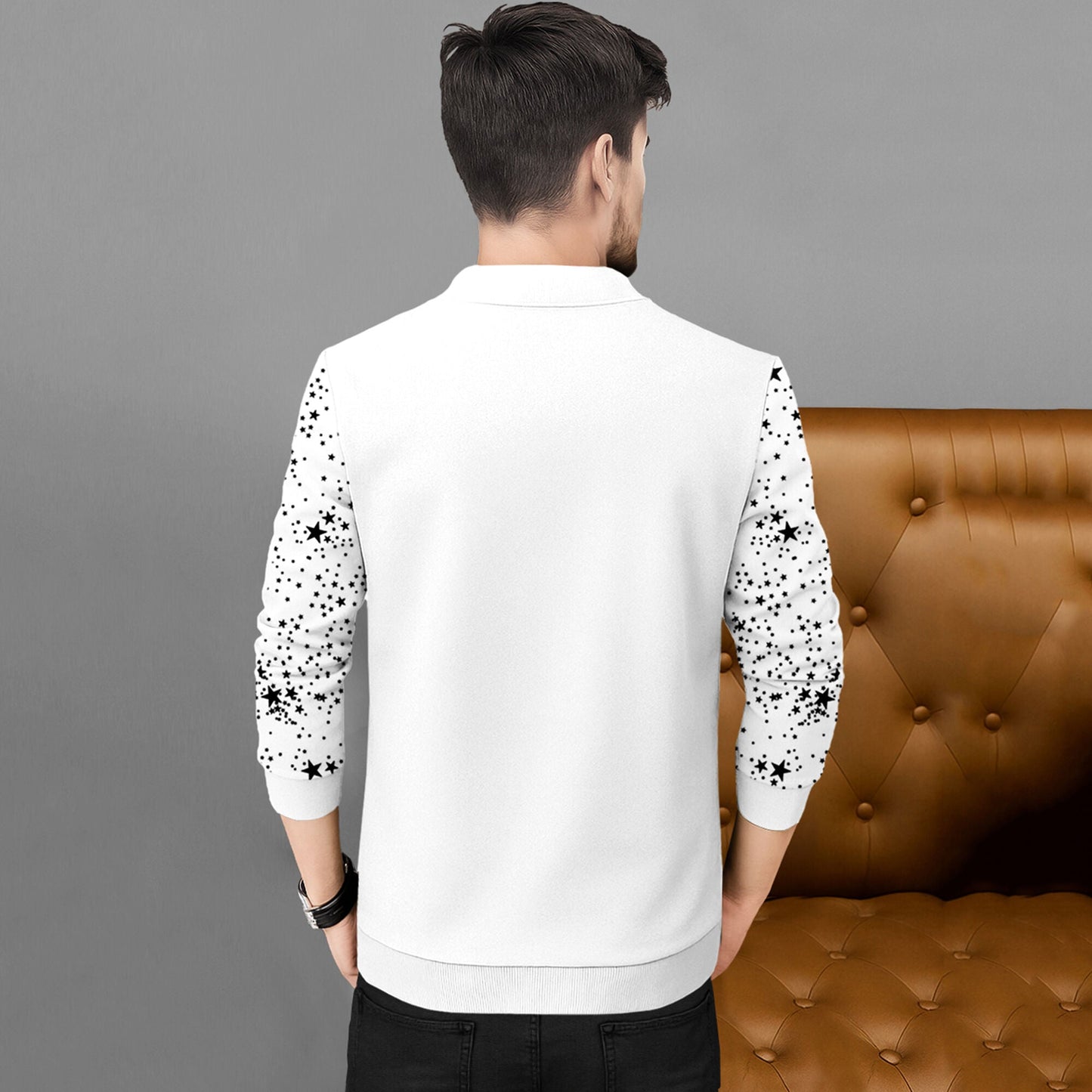 Men Full Sleeve Star Printed Round Neck Jacket White