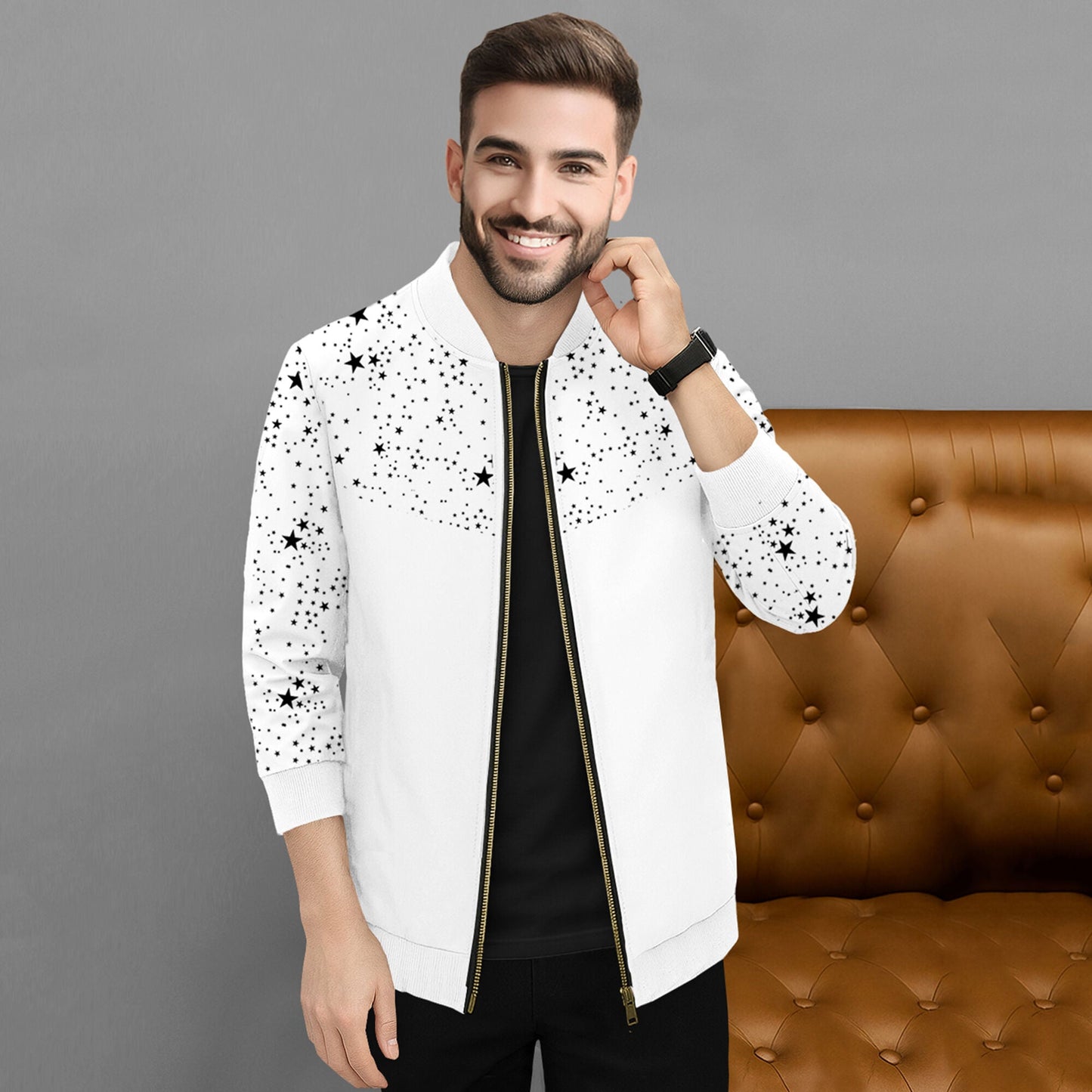 Men Full Sleeve Star Printed Round Neck Jacket White