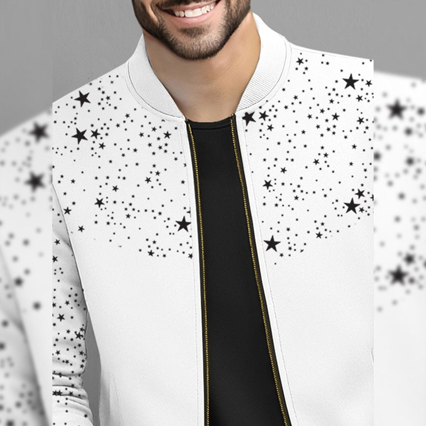 Men Full Sleeve Star Printed Round Neck Jacket White