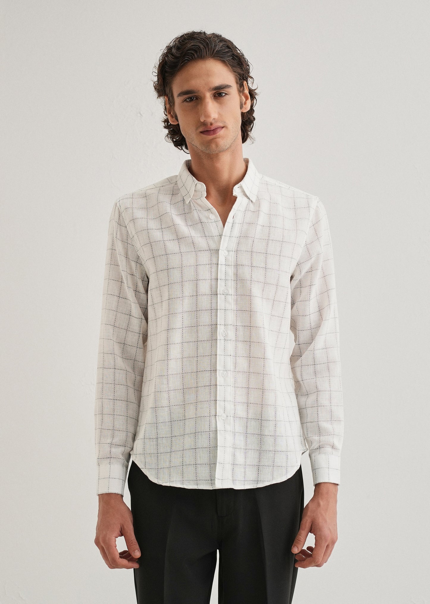 White Check Blended Linen Shirt