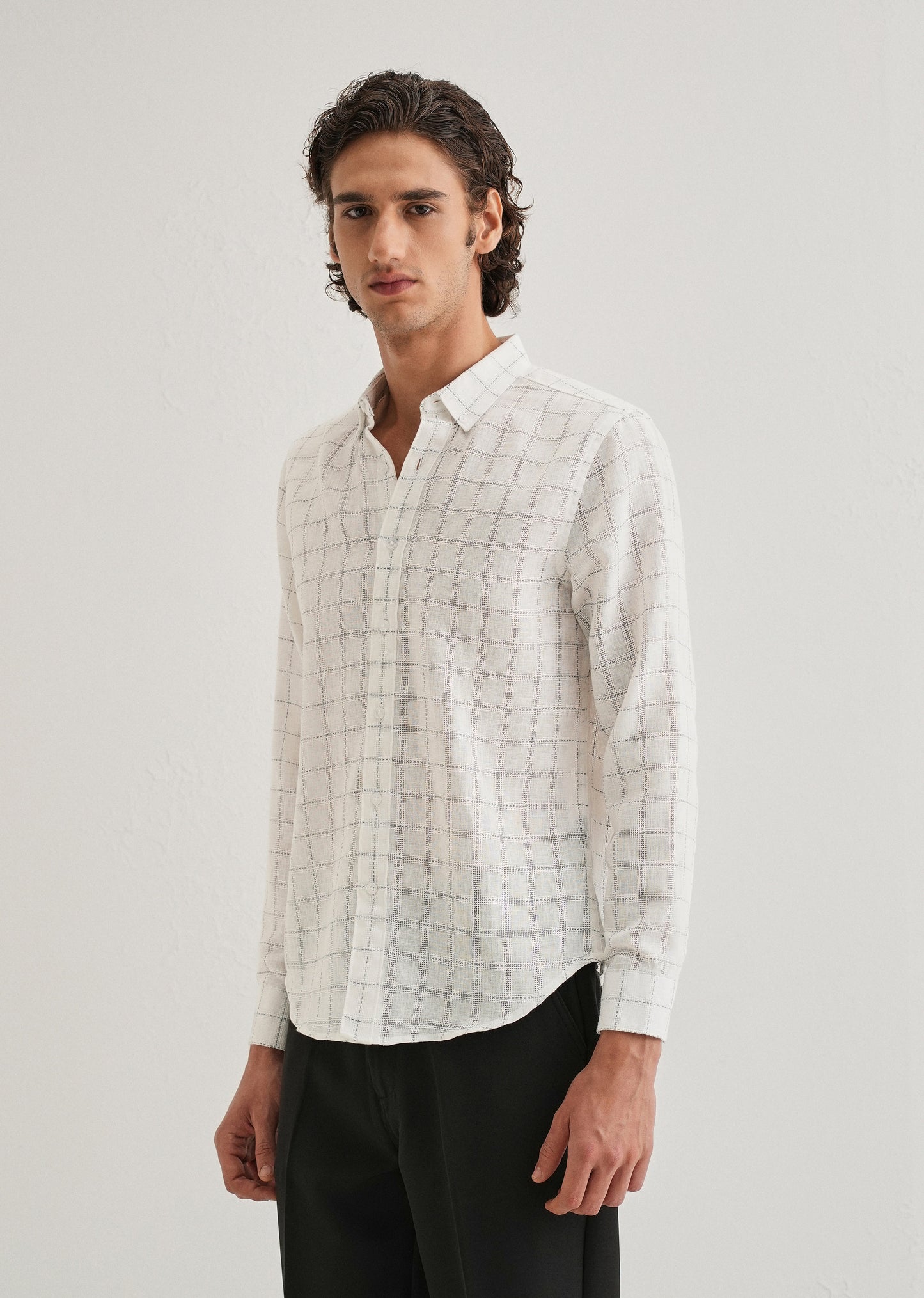 White Check Blended Linen Shirt