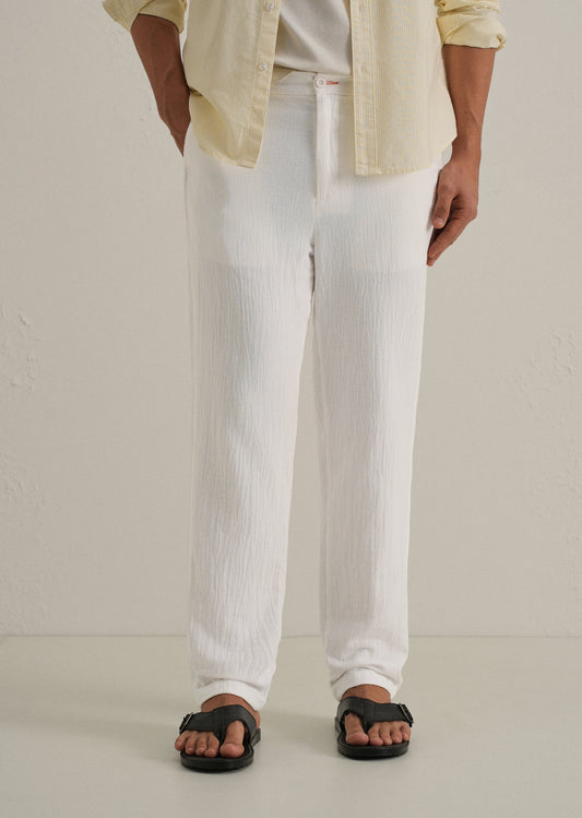 White Crinkled Cotton Trouser