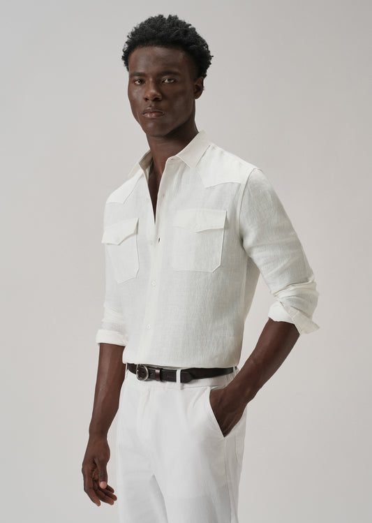 White Double Pocket 100% Pure Irish Linen Shirt