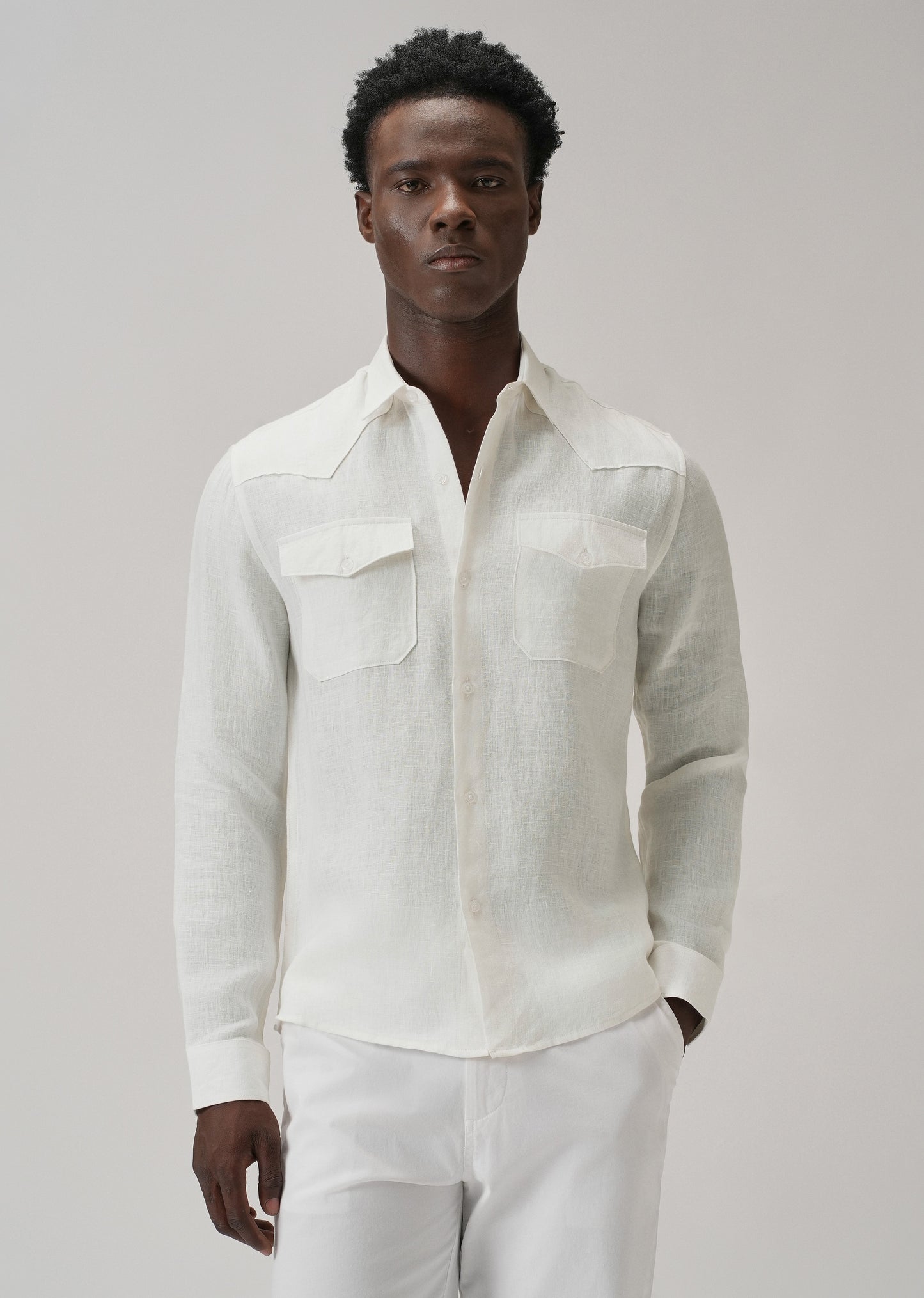 White Double Pocket 100% Pure Irish Linen Shirt