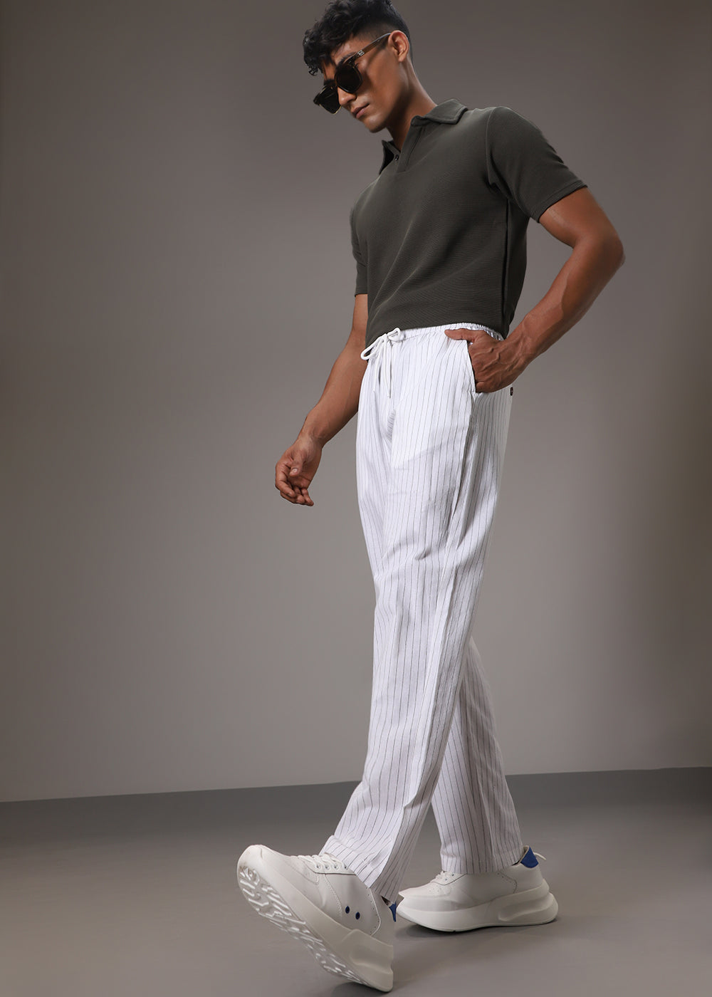 White Pin Cotton Linen Pant