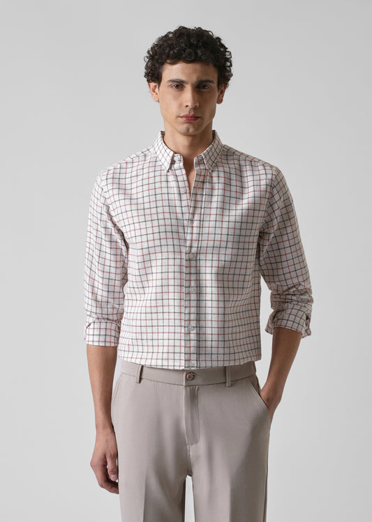 White Red Blended Cotton Check Shirt