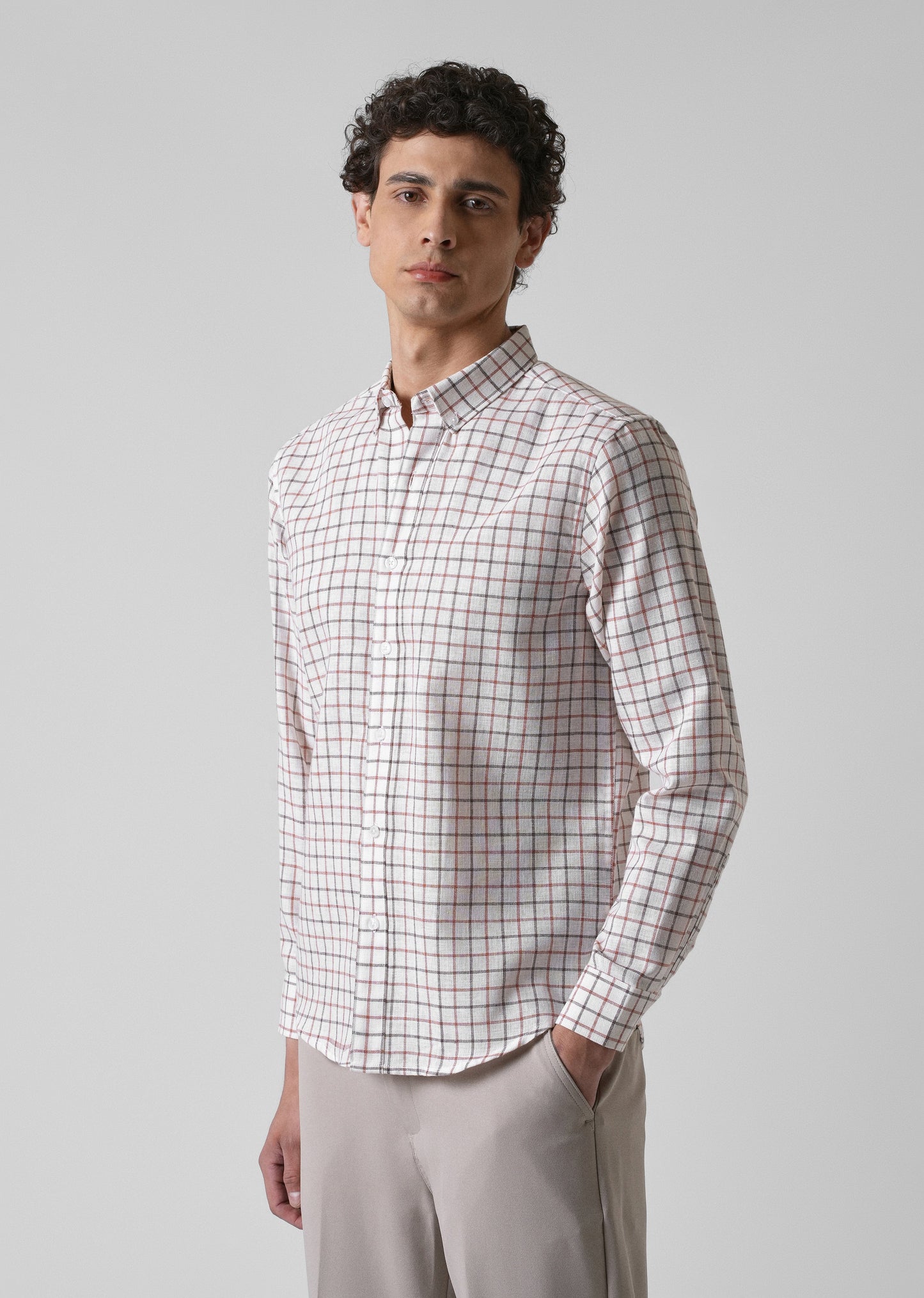 White Red Blended Cotton Check Shirt