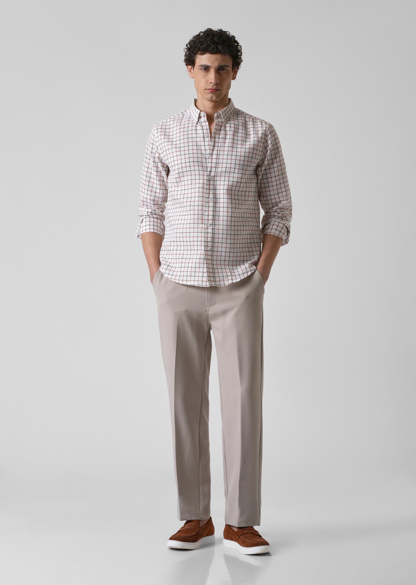 White Red Blended Cotton Check Shirt