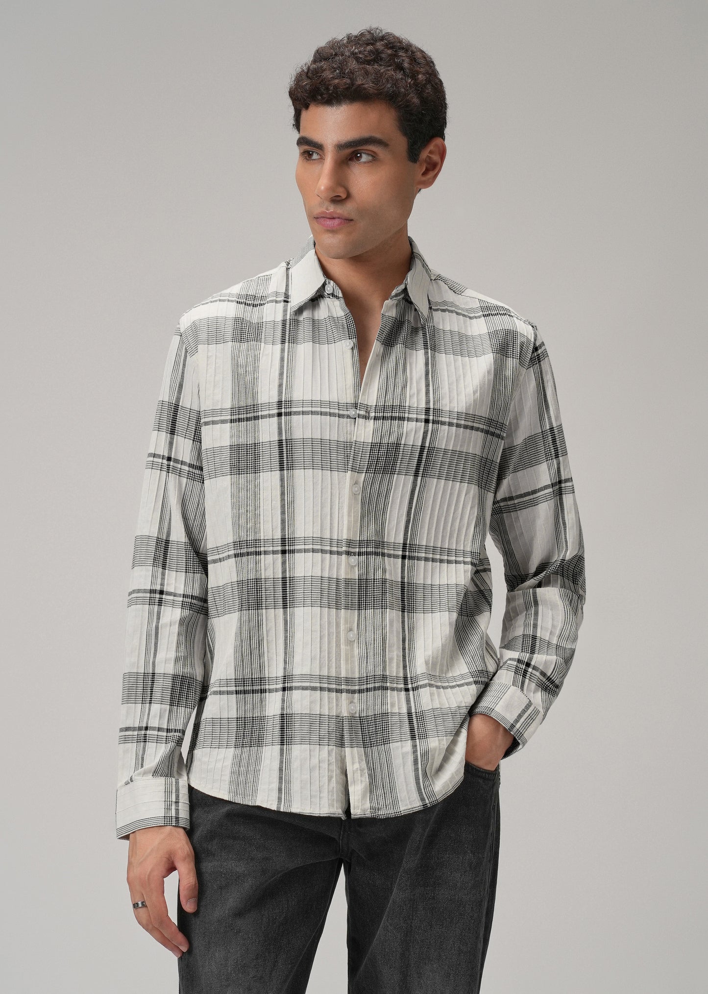 Self Pleat White Check Shirt