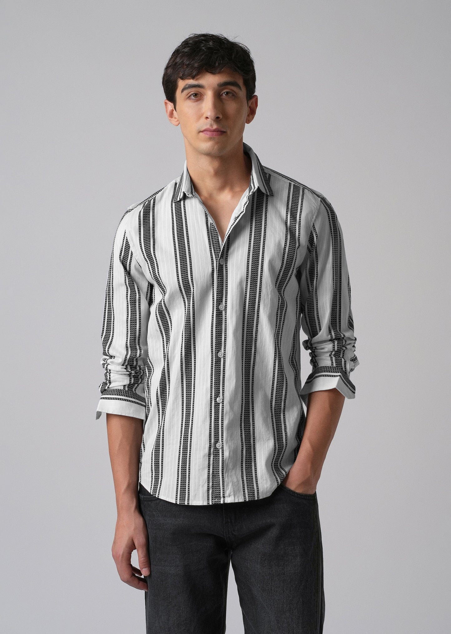 White Vertical Stripe Cotton/Linen Shirt