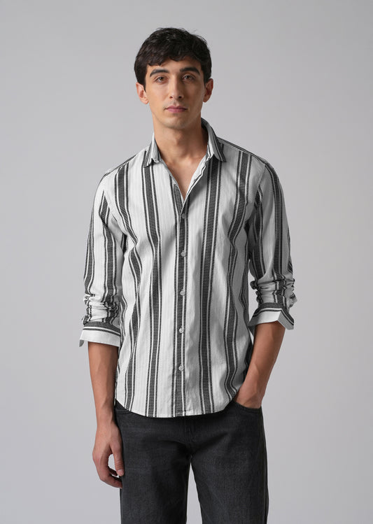White Vertical Stripe Cotton/Linen Shirt