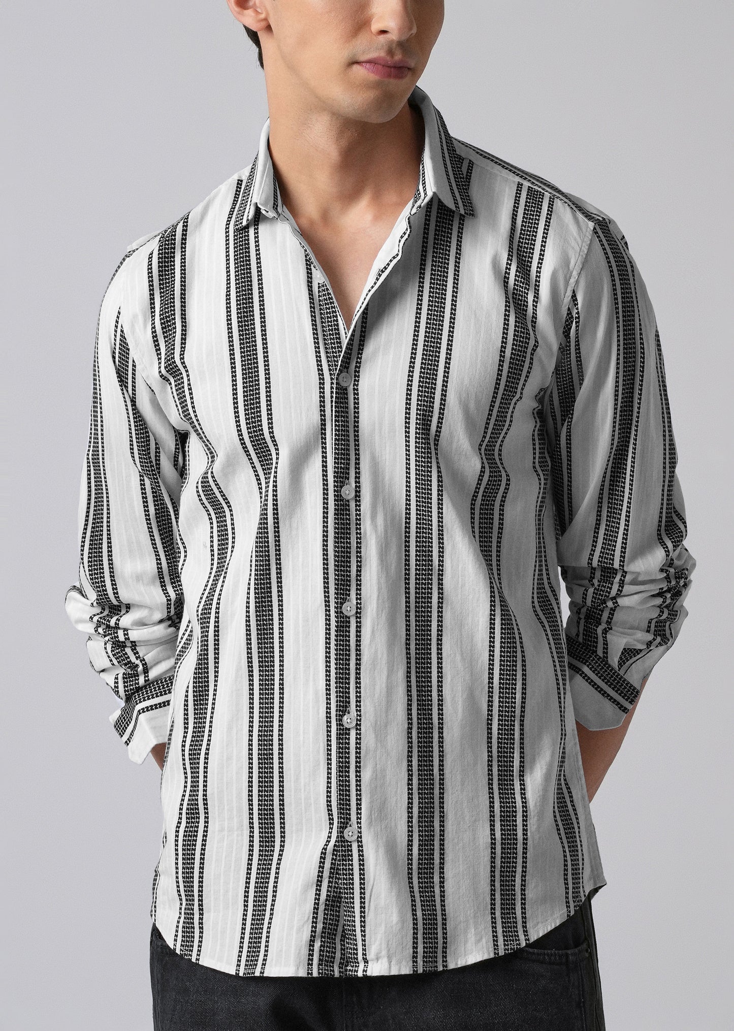 White Vertical Stripe Cotton/Linen Shirt