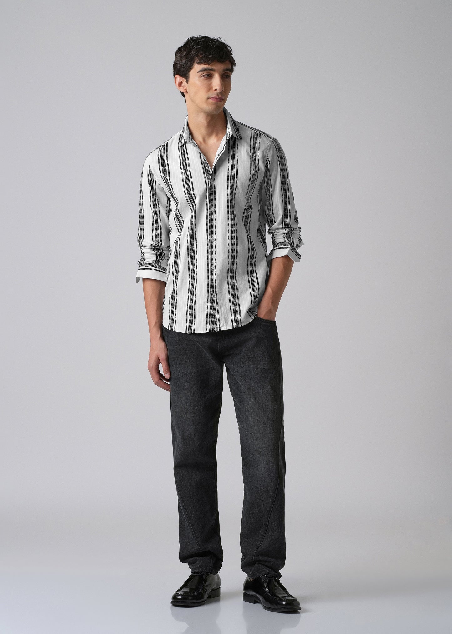 White Vertical Stripe Cotton/Linen Shirt