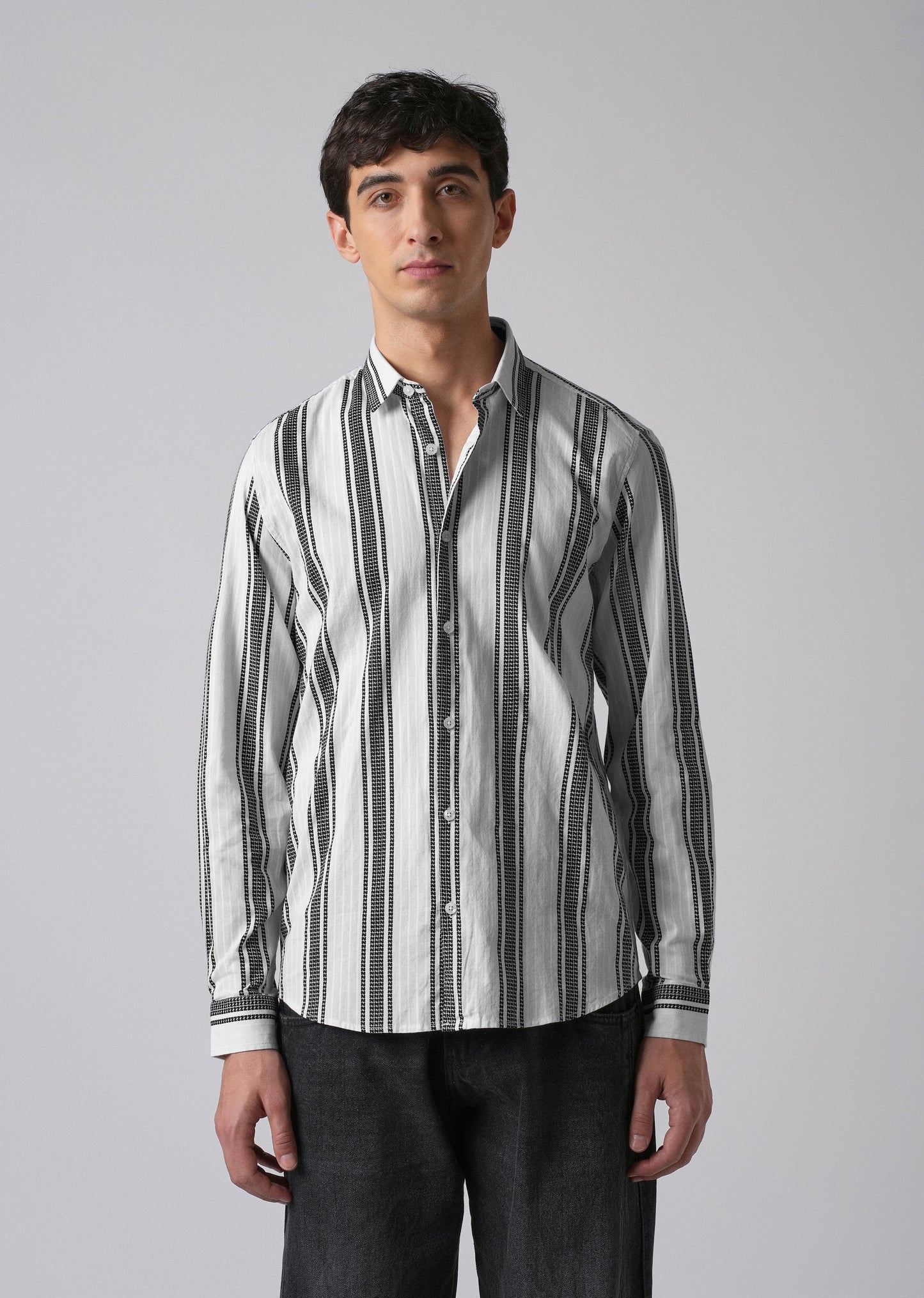 White Vertical Stripe Cotton/Linen Shirt
