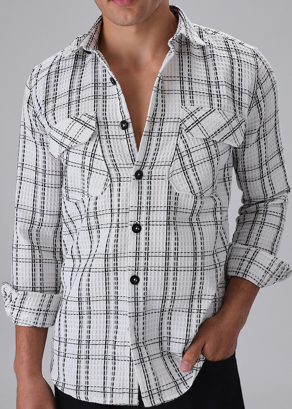 White Waffle Plaid Check Shirt