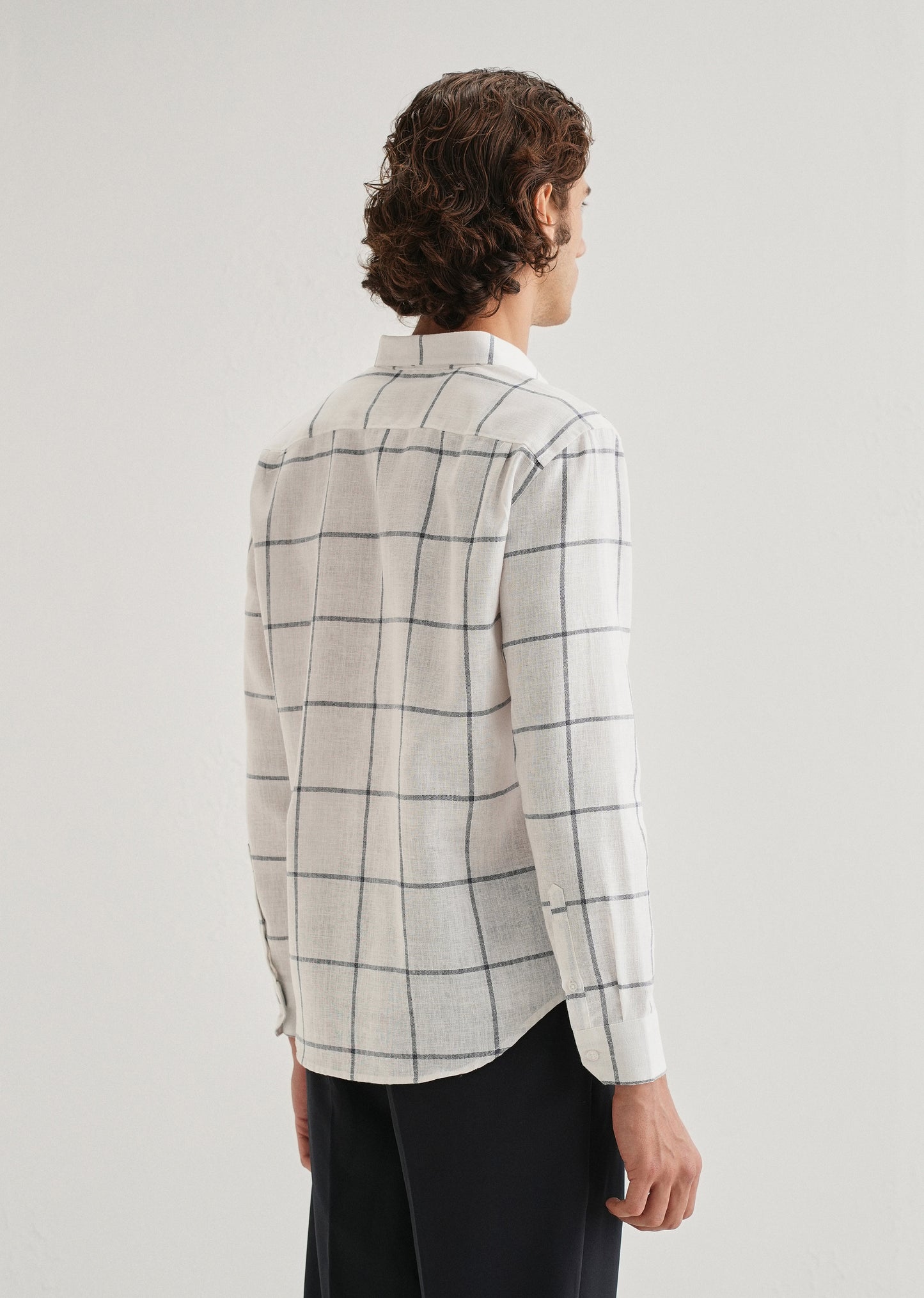 White Windowpane Check Blended Linen Shirt