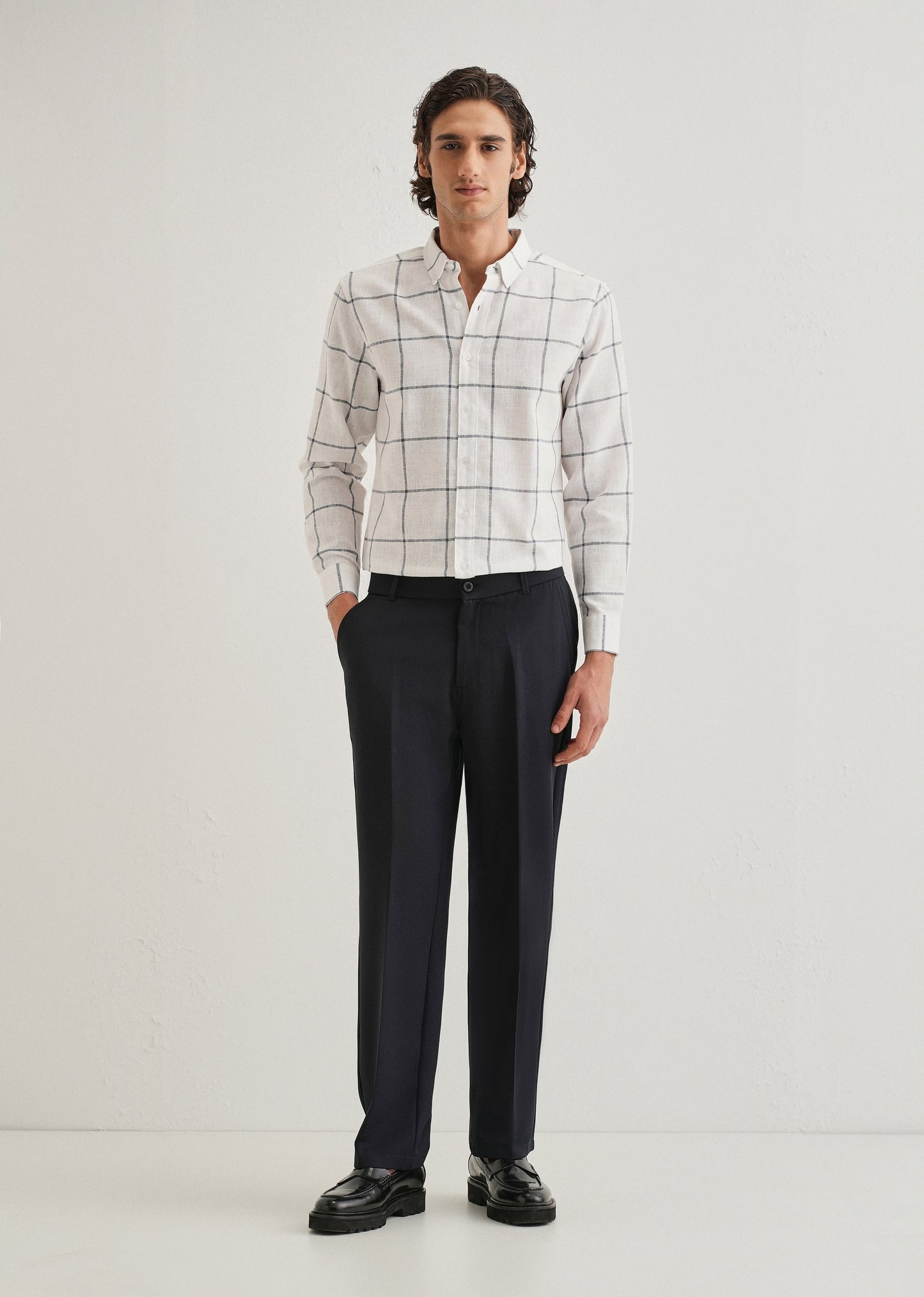 White Windowpane Check Blended Linen Shirt