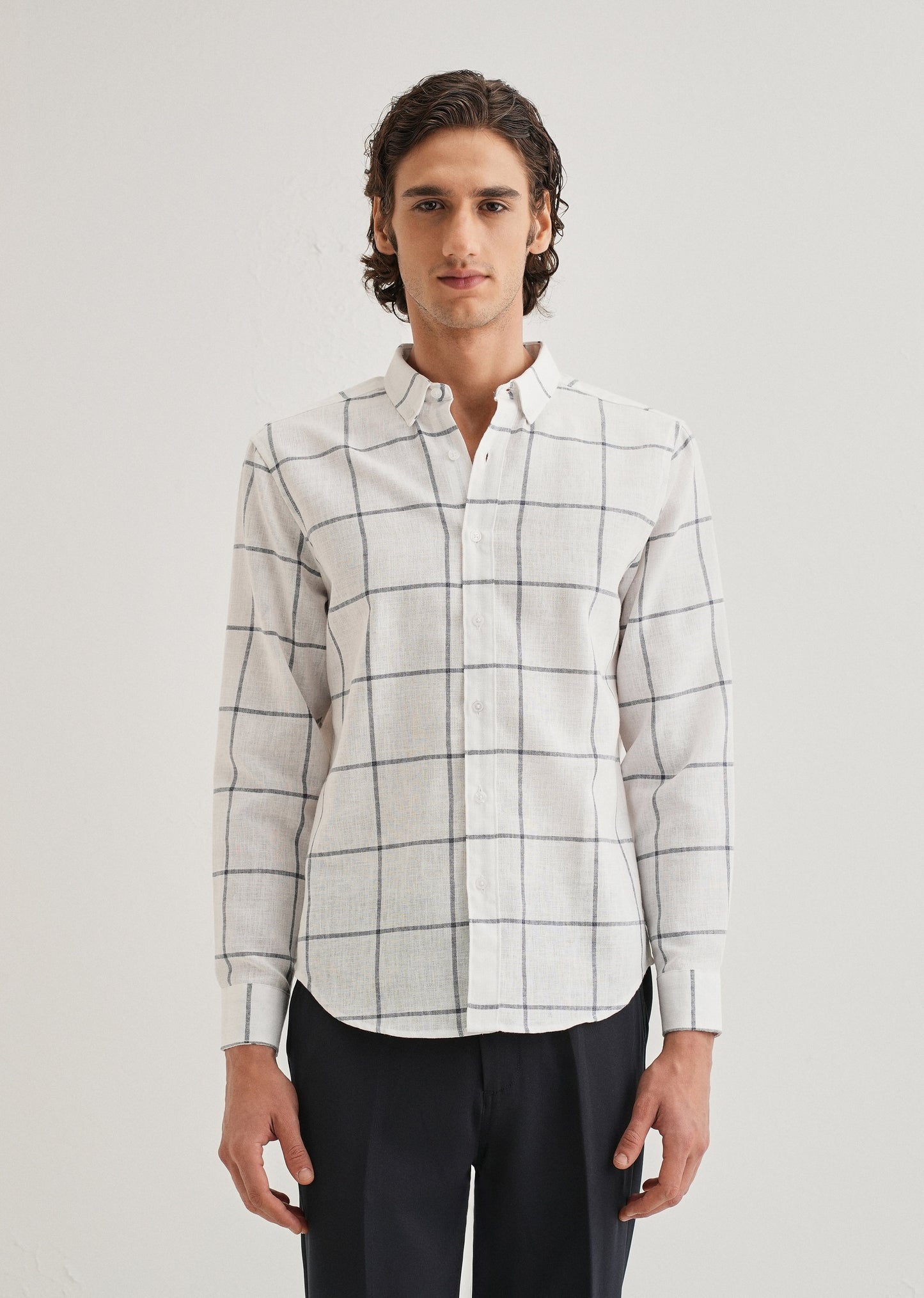 White Windowpane Check Blended Linen Shirt