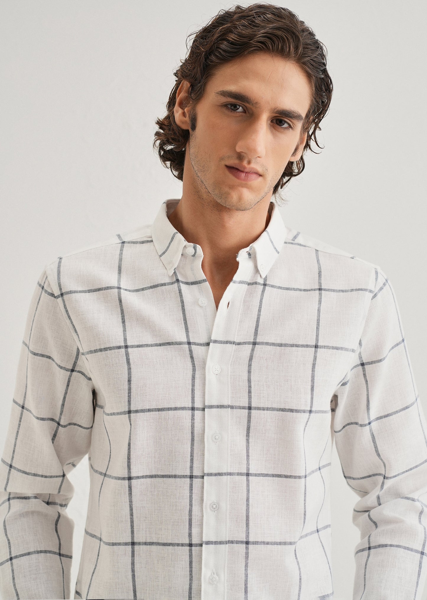 White Windowpane Check Blended Linen Shirt