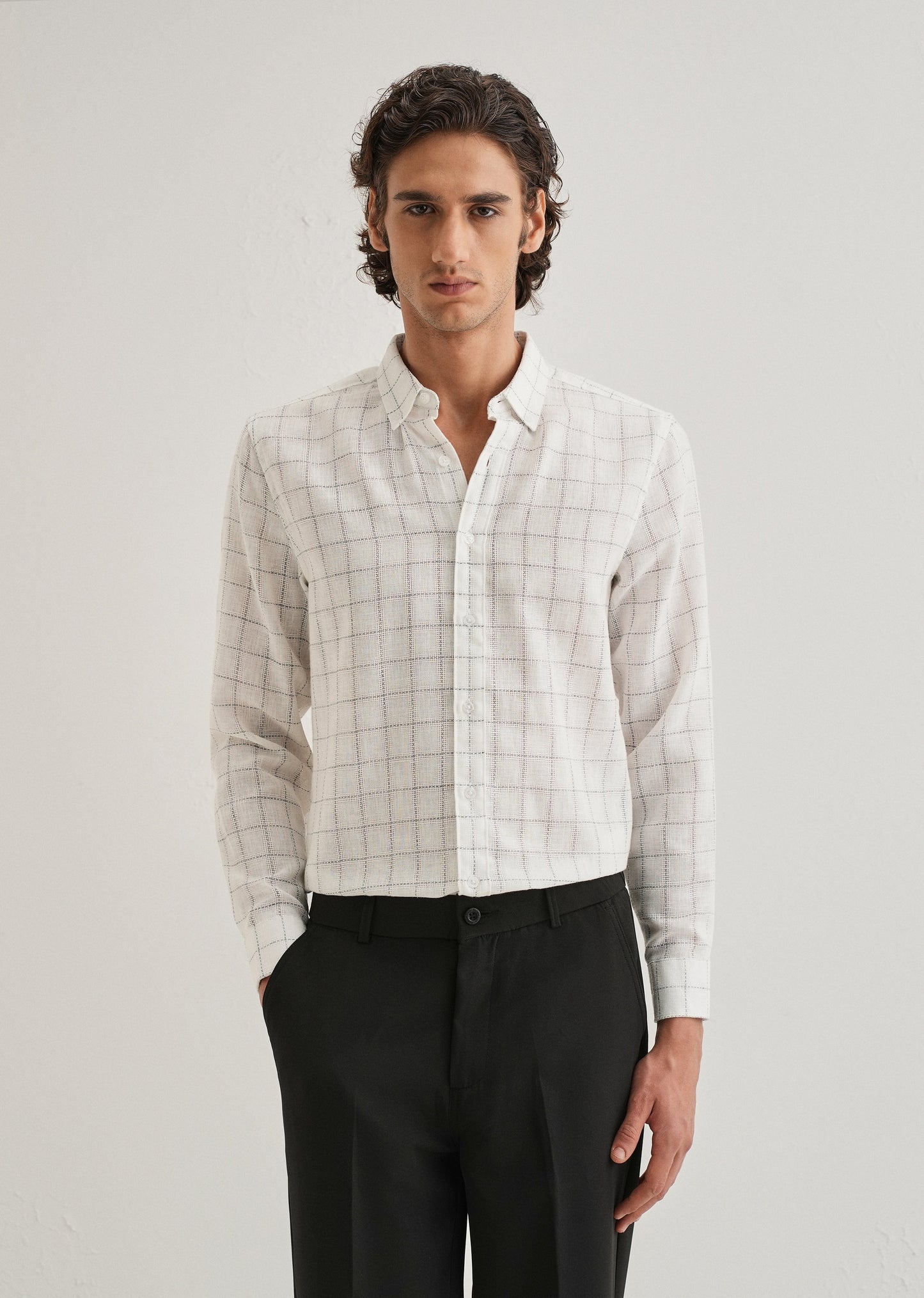 White Check Blended Linen Shirt