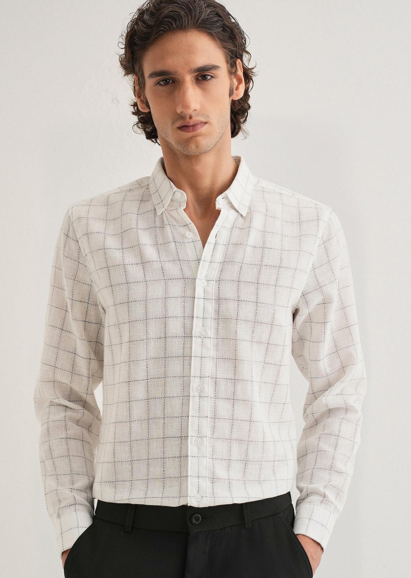 White Check Blended Linen Shirt