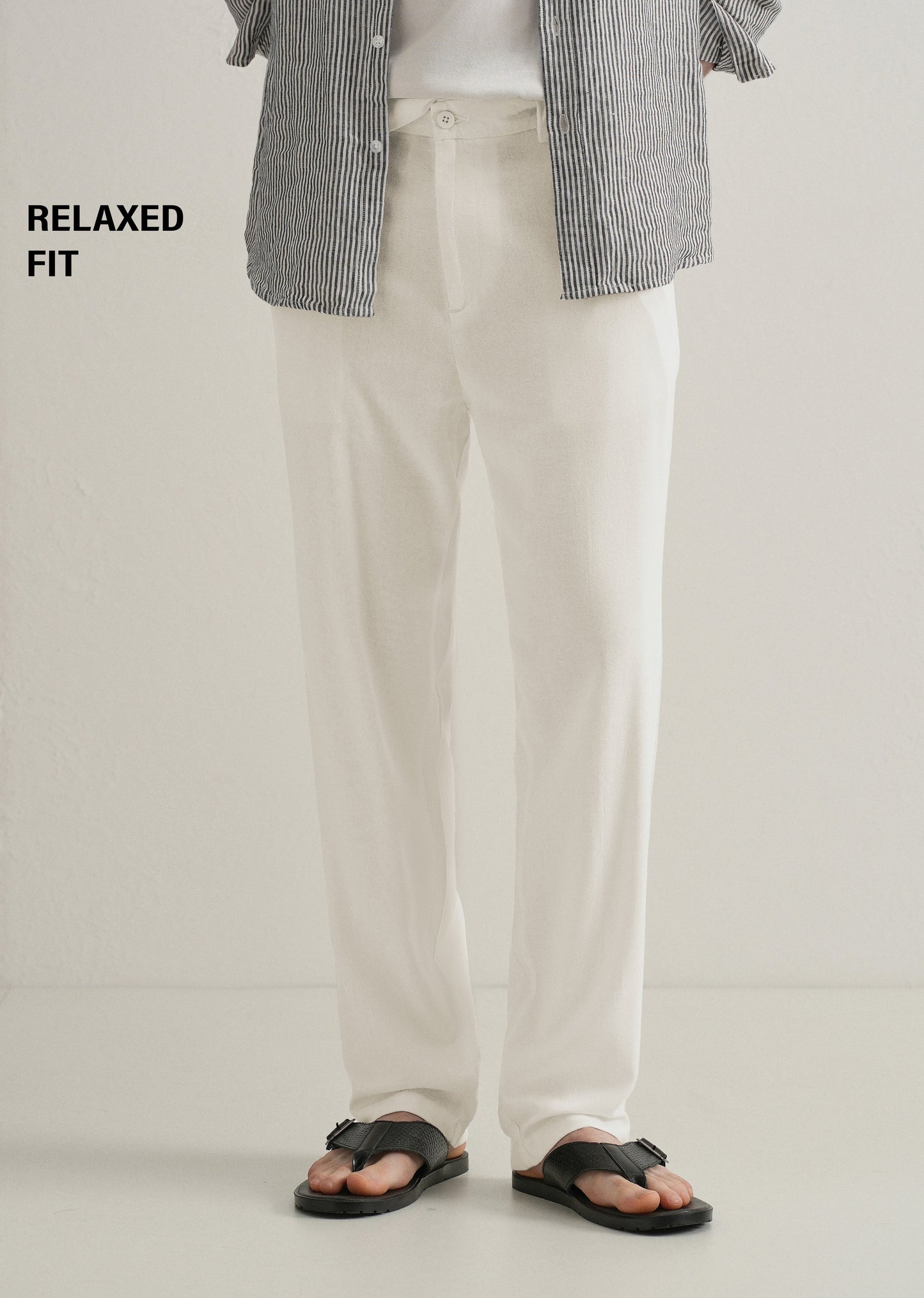 White Relaxed Fit Blended Linen Trouser