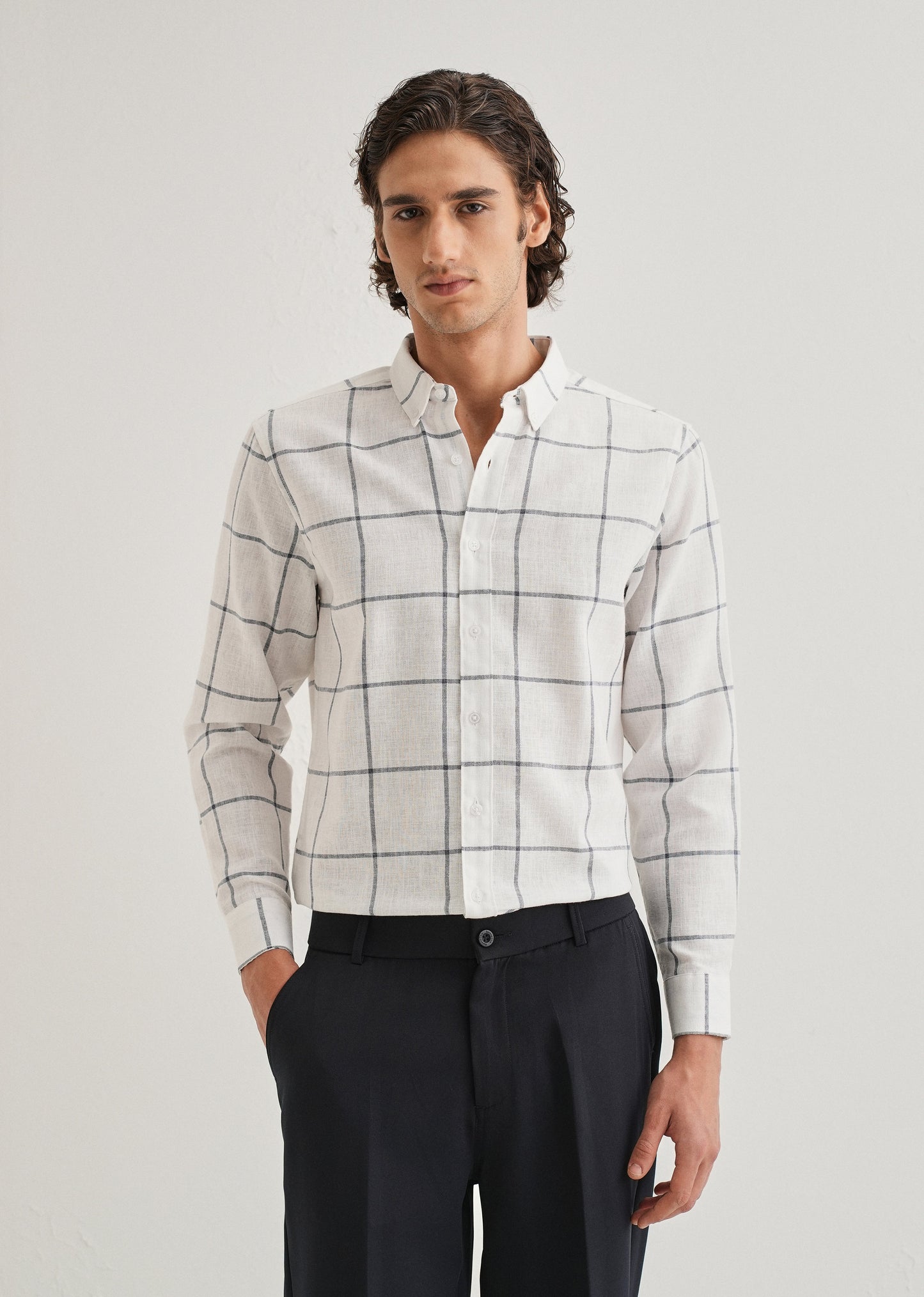 White Windowpane Check Blended Linen Shirt