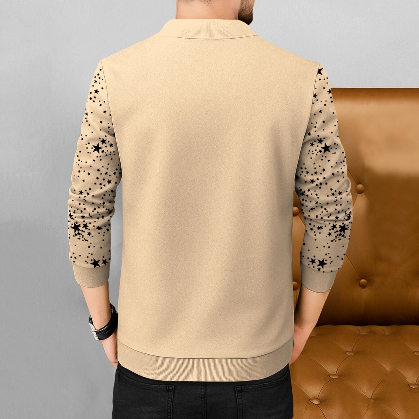 Men Full Sleeve Star Printed Round Neck Jacket Beige