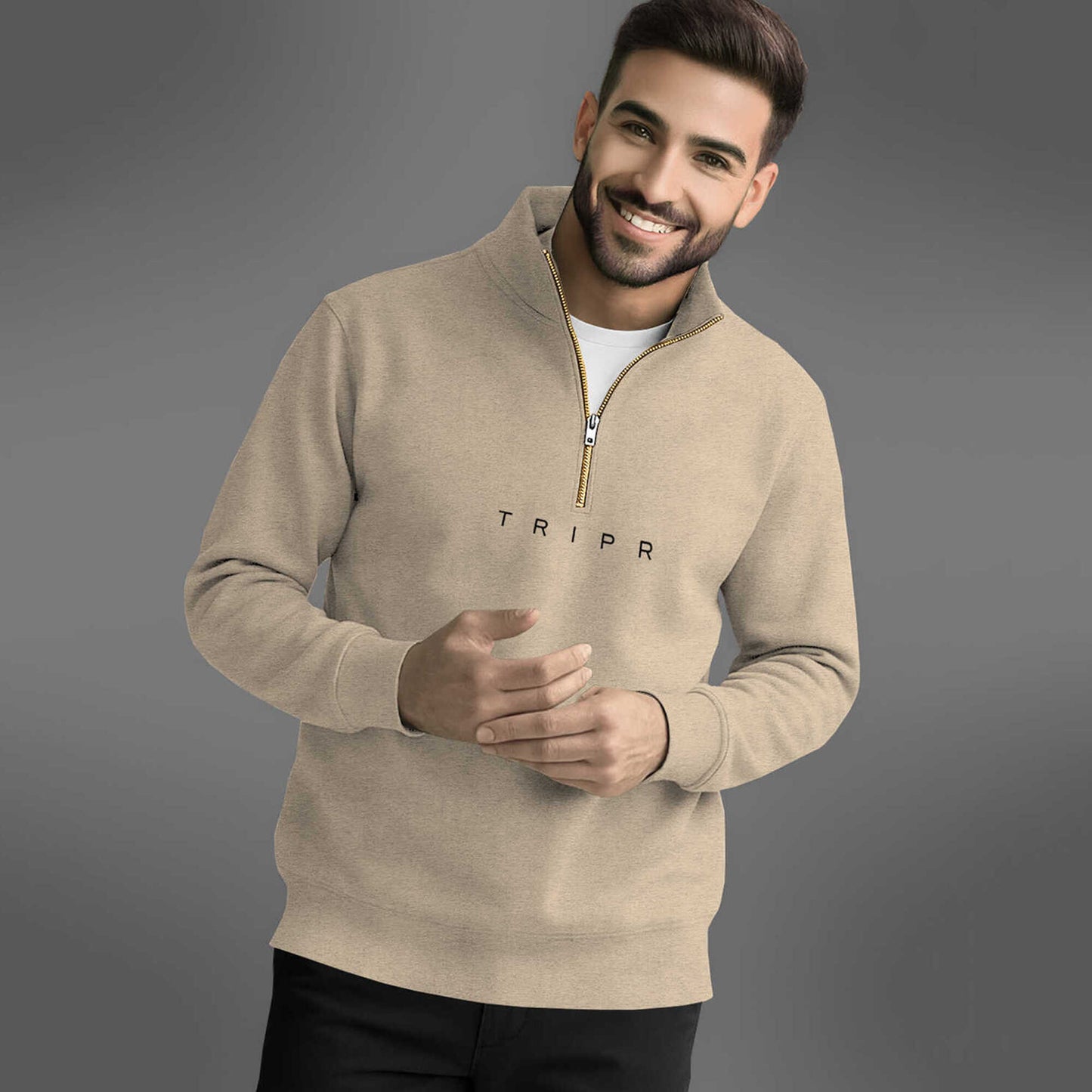 Men Full Sleeve High Neck Sweatshirt Beige